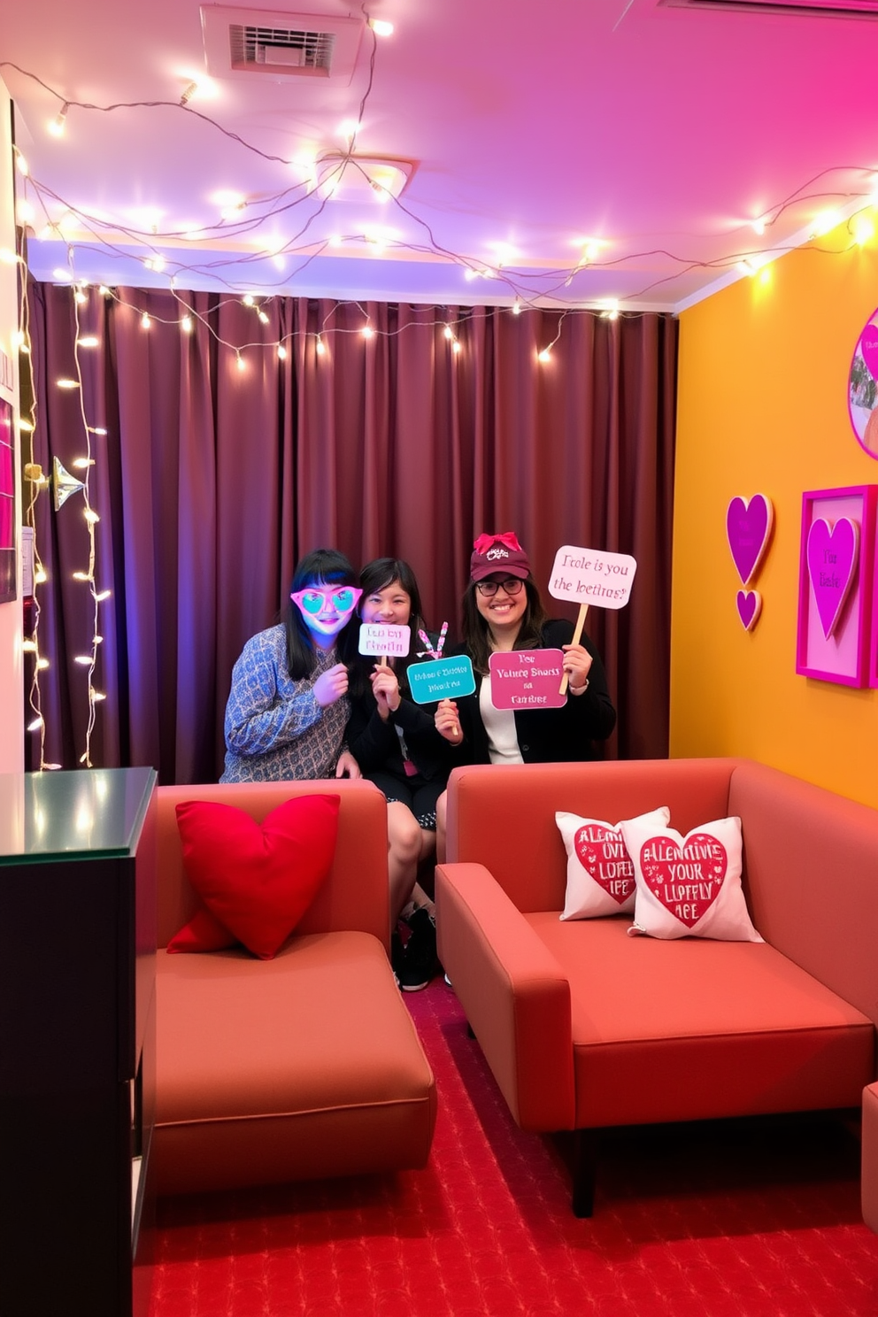 A cozy game room adorned for Valentine's Day features vibrant potted plants strategically placed around the space. Heart-shaped decorations hang from the walls, creating a warm and inviting atmosphere perfect for celebrating love and friendship.