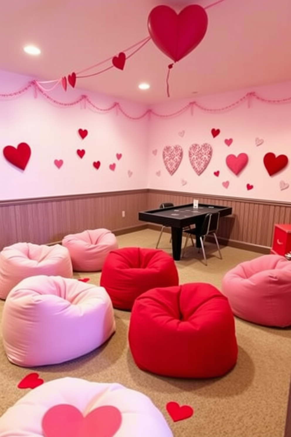 A cozy game room designed for Valentine's Day features heart-shaped bean bags scattered around the space for comfortable seating. The walls are adorned with soft pink and red decorations, creating a romantic and playful atmosphere perfect for enjoying games with loved ones.