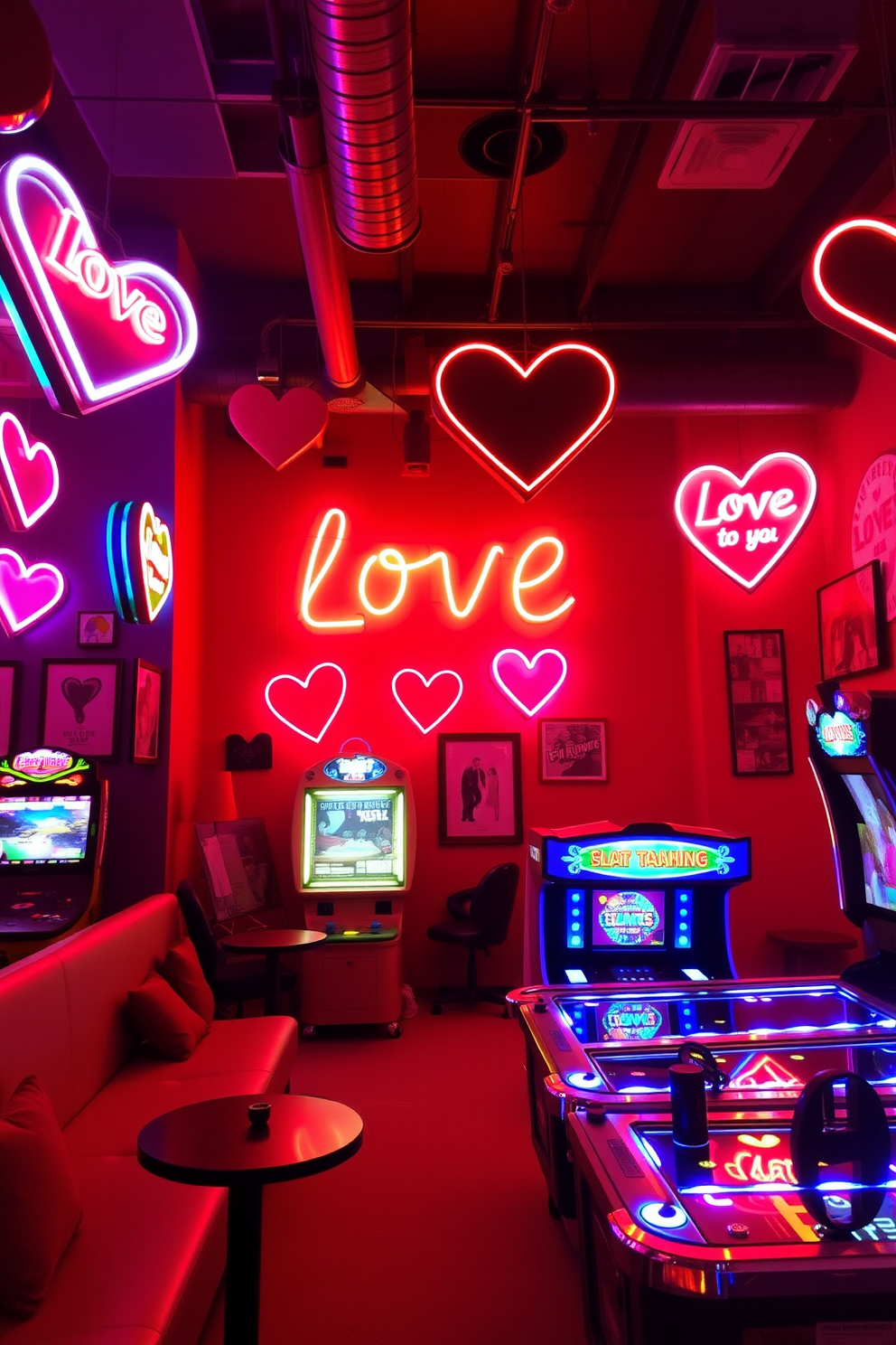 A vibrant game room filled with love-themed neon signs casting a warm glow. The walls are adorned with playful artwork, and a cozy seating area invites guests to relax and enjoy the Valentine's Day spirit.