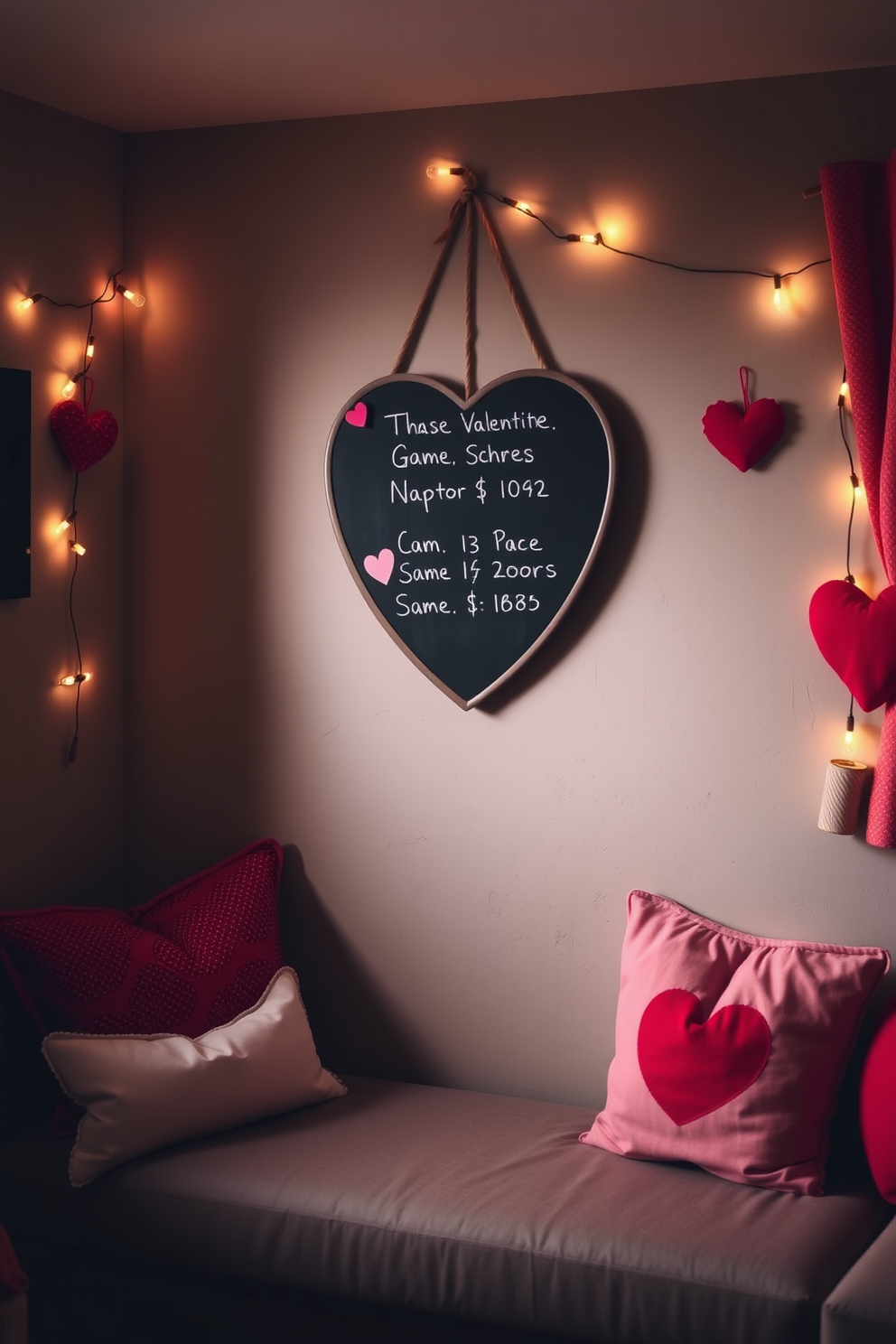 A cozy game room featuring a heart-shaped chalkboard mounted on the wall for keeping track of game scores. The room is decorated with festive Valentine's Day accents, including red and pink cushions and string lights that create a warm and inviting atmosphere.