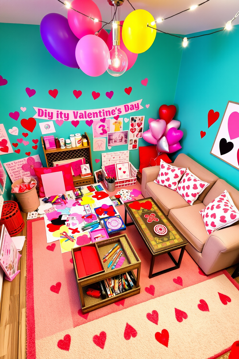 A cozy and inviting DIY Valentine's Day crafts corner filled with colorful crafting supplies. A large table is covered with heart-shaped paper, scissors, glue, and markers, surrounded by cheerful decorations like balloons and garlands. A vibrant game room designed for Valentine's Day celebrations. The space features a plush sectional sofa adorned with heart-patterned cushions, a coffee table with a selection of board games, and string lights hanging overhead to create a festive atmosphere.