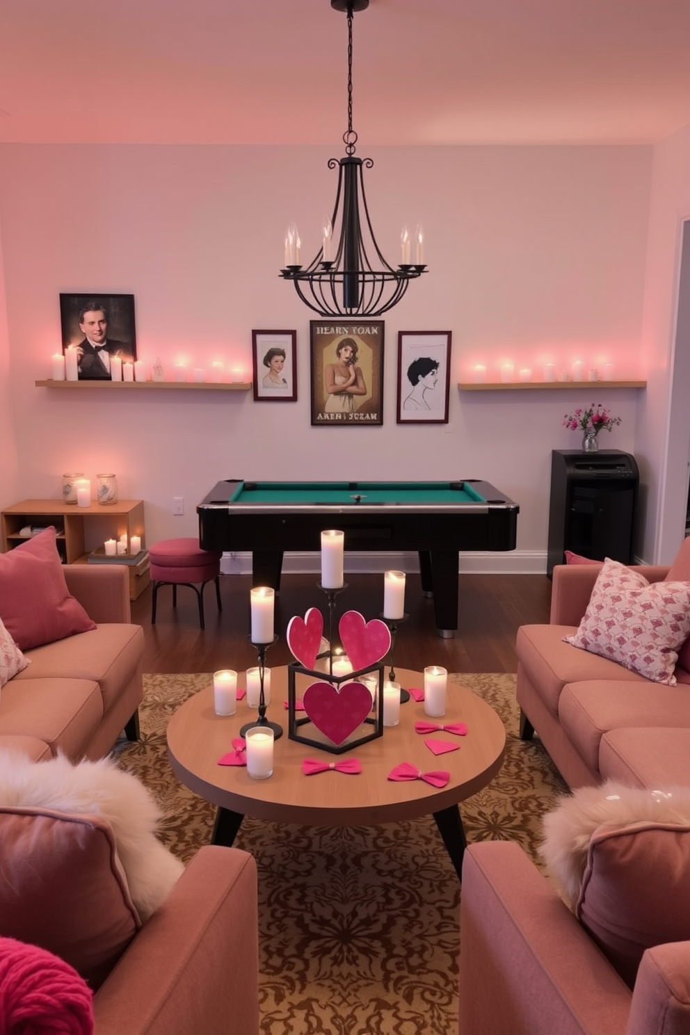 A vibrant game room filled with energy and excitement. The walls are adorned with Valentine's Day themed posters featuring playful designs and romantic quotes. Soft pink and red accents are scattered throughout the space, including heart-shaped cushions on the gaming chairs. String lights in the shape of hearts illuminate the room, creating a warm and inviting atmosphere.