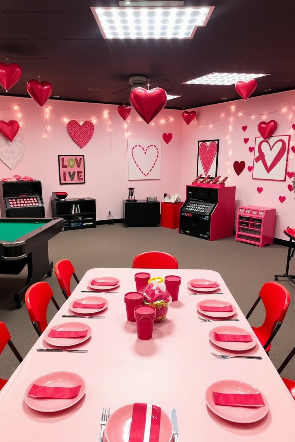 A vibrant game room adorned with red and pink tableware set for snacks. The walls are decorated with heart-themed artwork and string lights, creating a festive atmosphere for Valentine's Day.