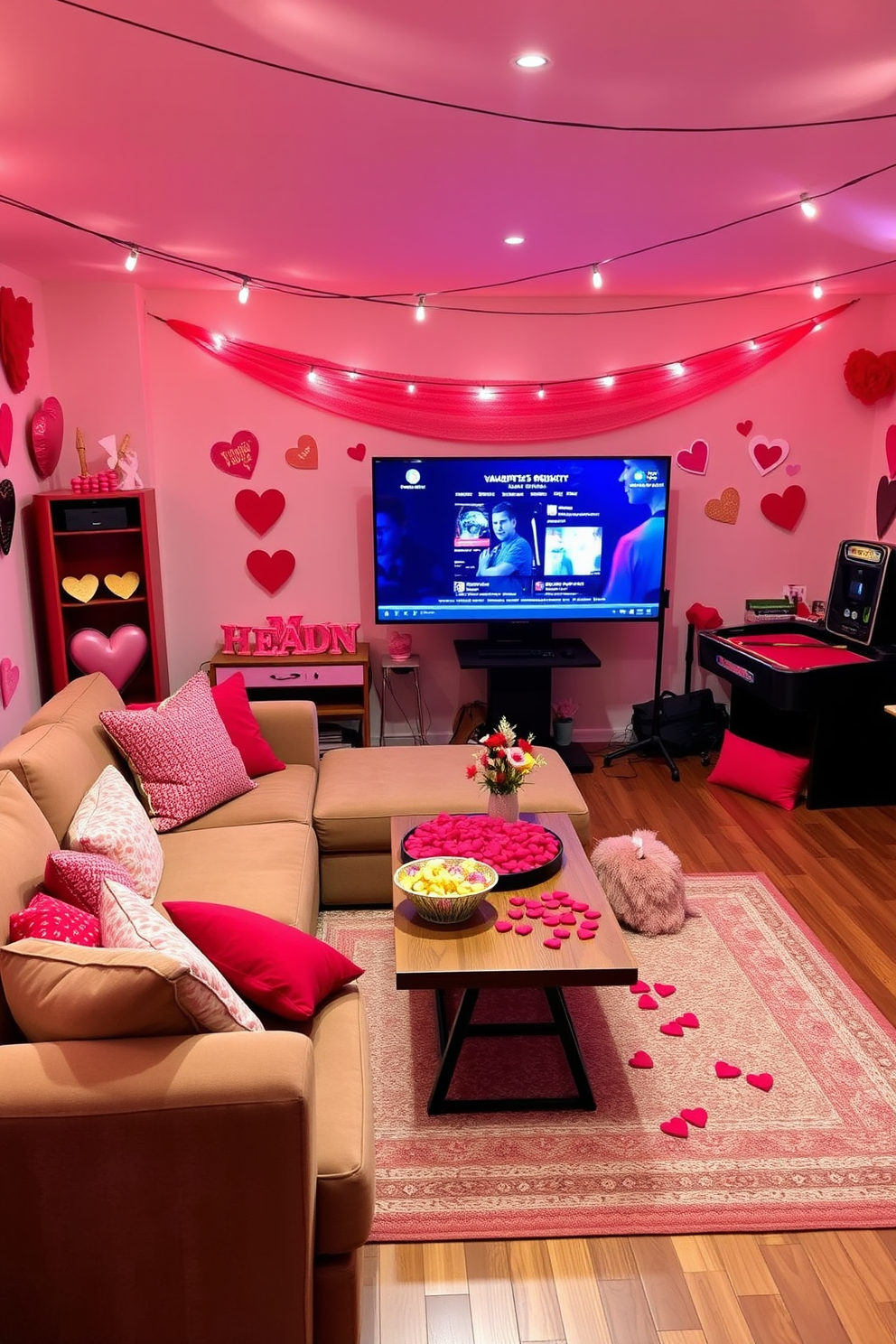 A cozy game room setting perfect for Valentine's Day. The walls are adorned with soft pink and red decorations, and a large sectional sofa is arranged around a coffee table filled with heart-shaped snacks. A vibrant playlist of romantic tunes plays softly in the background. String lights illuminate the space, creating a warm and inviting atmosphere for a fun and intimate celebration.