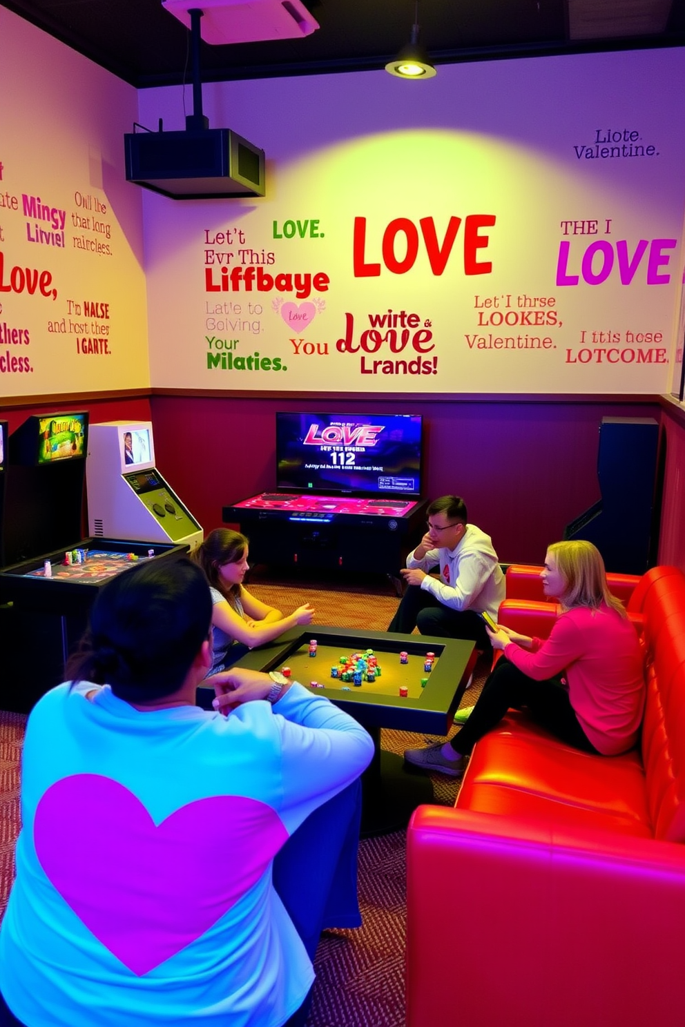 A cozy game room setup for a fun love-themed trivia night. The walls are adorned with heart-shaped decorations and soft pink lighting creates a warm ambiance. A large table is set in the center with colorful trivia cards and themed snacks displayed on platters. Plush seating surrounds the table, inviting friends to gather and enjoy the evening together.