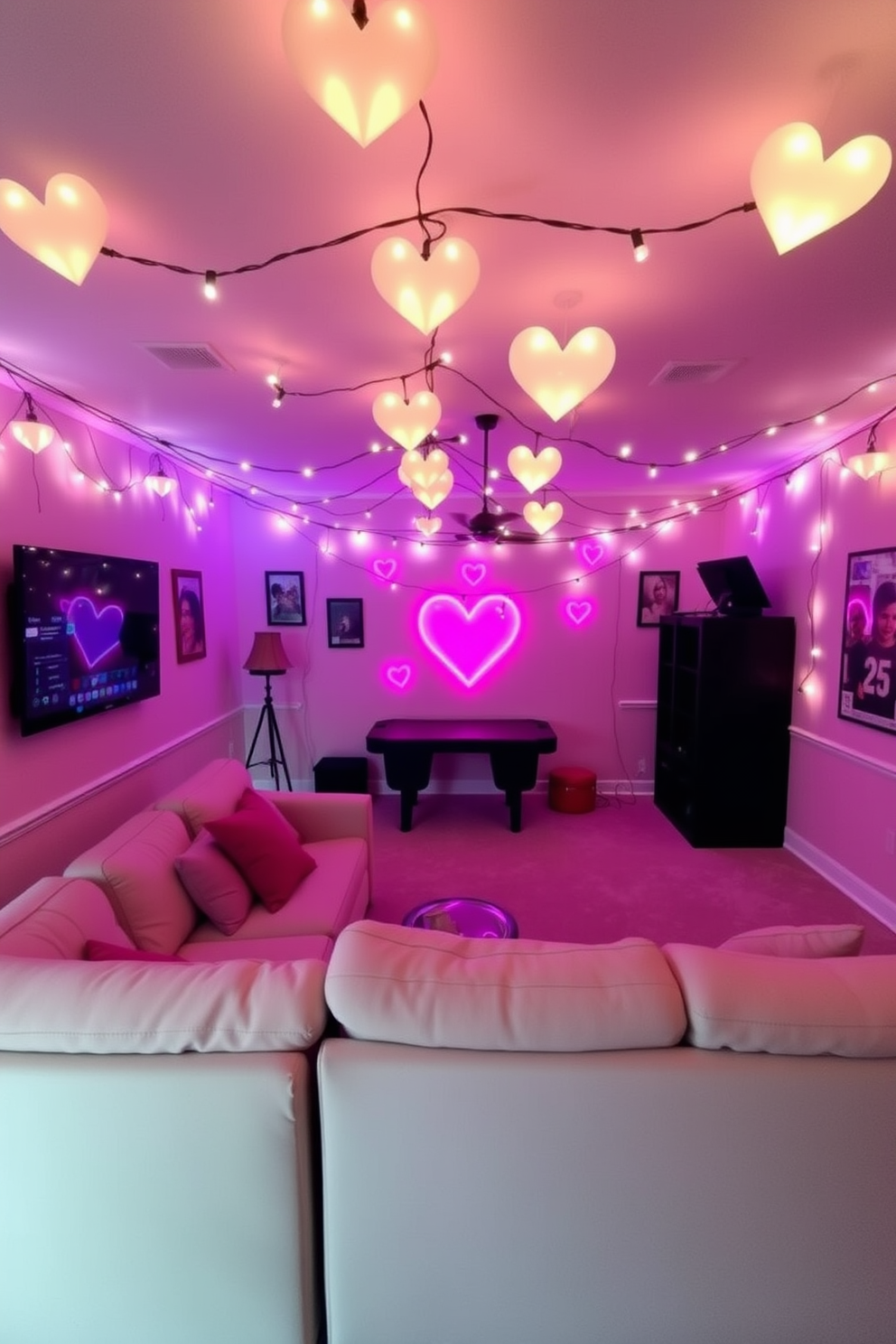 A cozy game room adorned with Valentine's Day themed jigsaw puzzles displayed on a rustic wooden shelf. Soft pink and red decorations hang from the ceiling, creating a festive atmosphere for friends and family to enjoy.