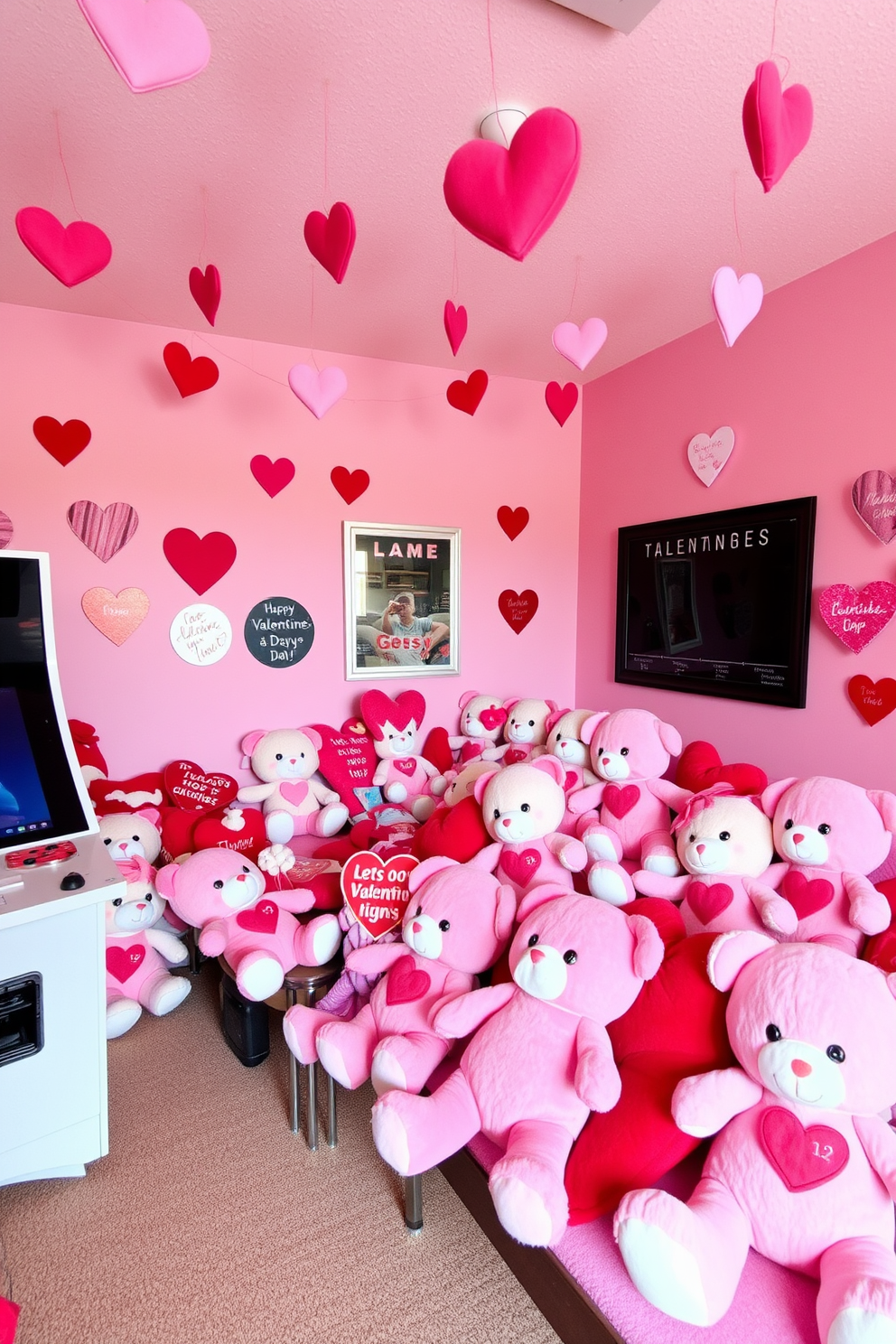 A cozy game room adorned with Valentine's Day themed plush toys scattered throughout the space. The walls are painted in a soft pink hue, and heart-shaped decorations hang from the ceiling, creating a festive atmosphere.