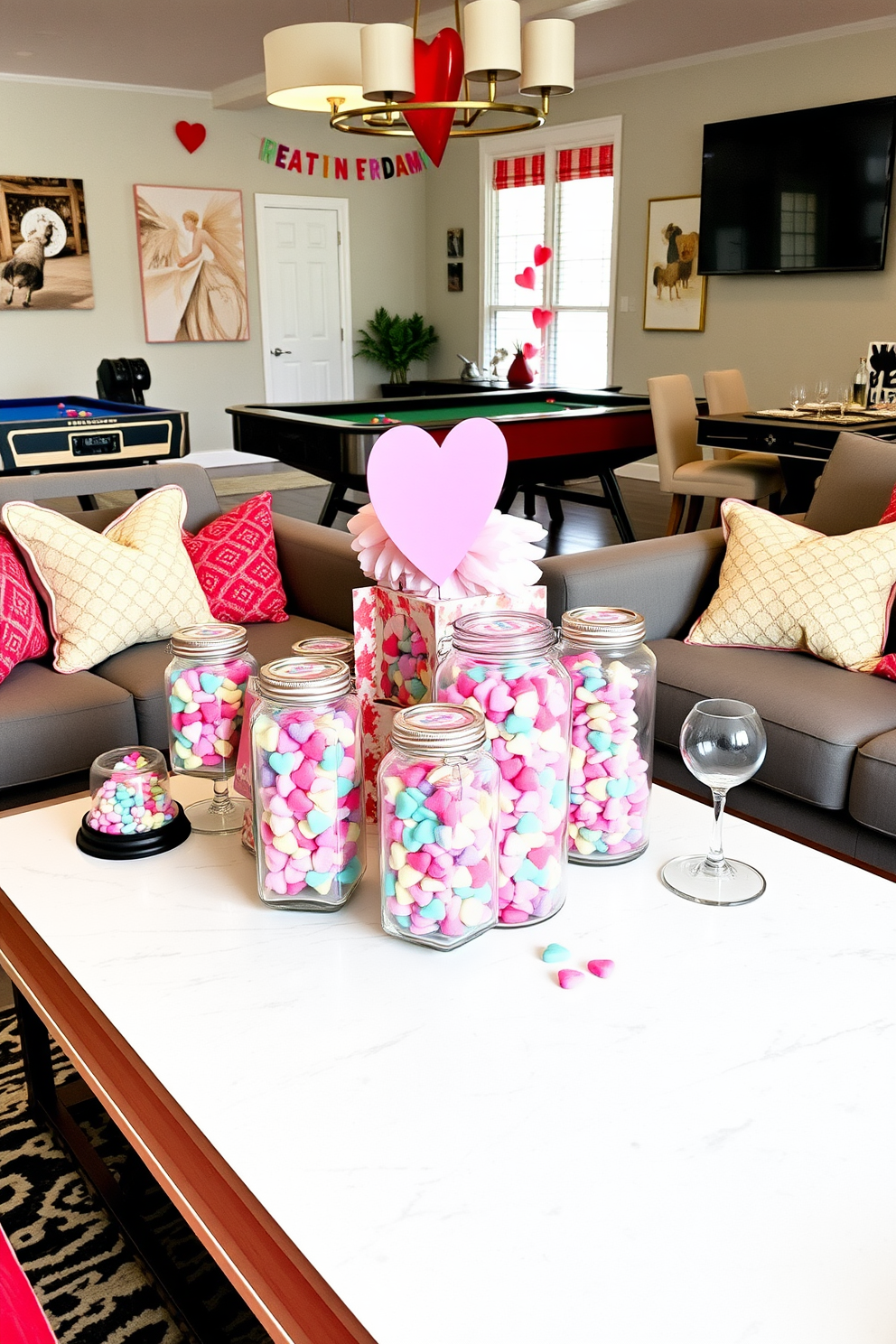 A cozy game room decorated for Valentine's Day features a vibrant color palette of reds and pinks. Themed drinks are served in charming heart-shaped mugs placed on a rustic wooden coffee table surrounded by plush seating. Fluffy throw pillows with heart motifs adorn the sofas, while string lights create a warm ambiance overhead. A large wall-mounted screen displays a romantic movie, enhancing the inviting atmosphere for a fun-filled evening.