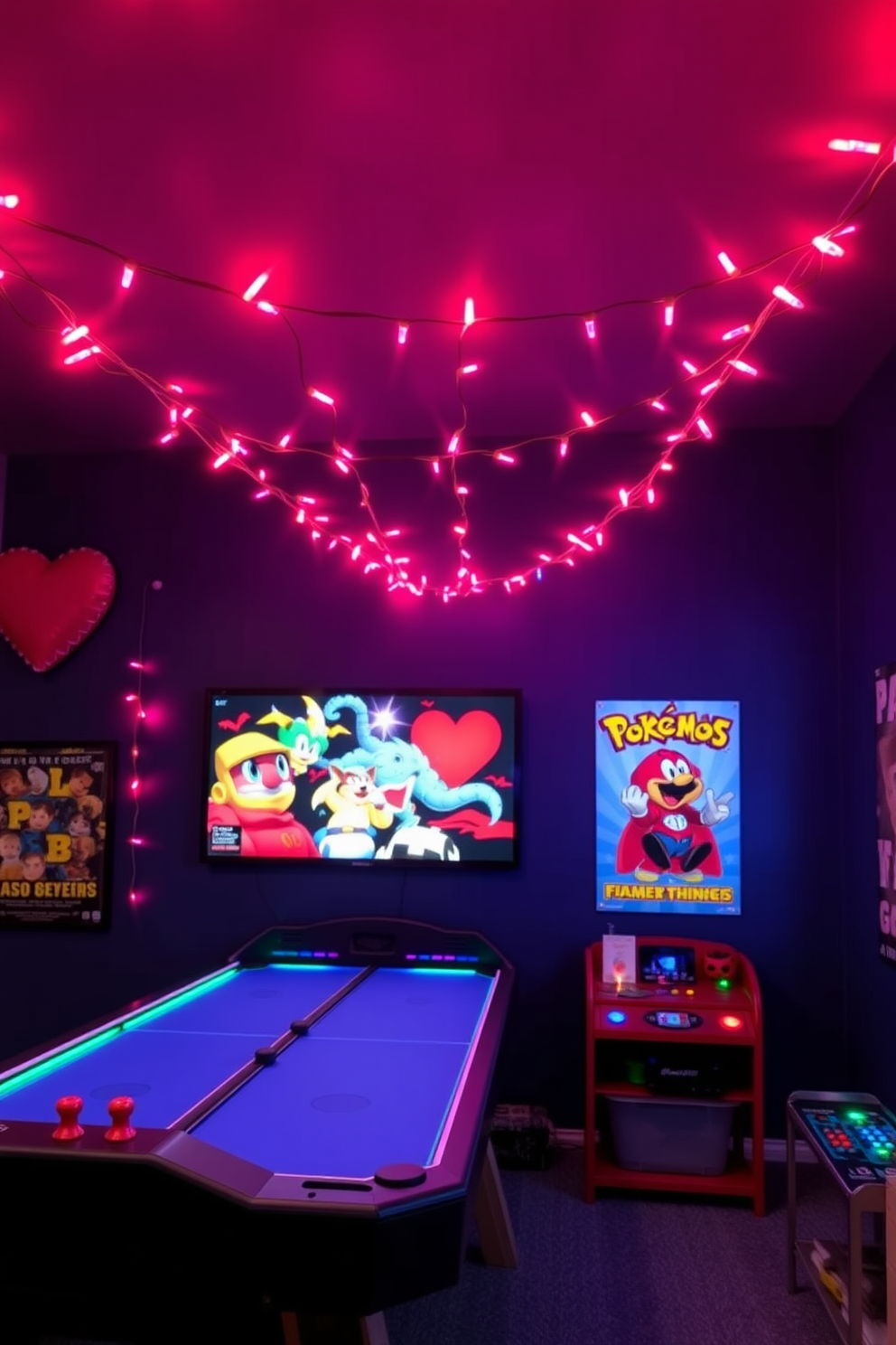 A vibrant game room adorned with red and pink LED string lights creates a festive atmosphere for Valentine's Day. The walls are painted in a deep navy blue, and colorful gaming posters add a playful touch to the space.