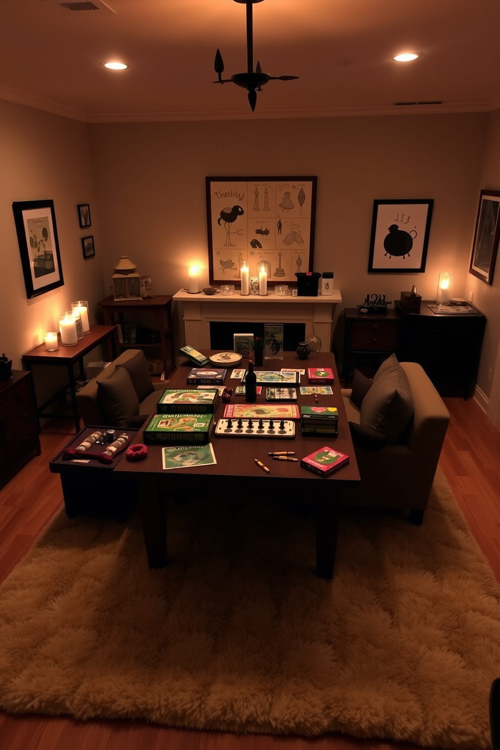 A cozy game room setting for a romantic board game night. Soft lighting from flickering candles creates an intimate atmosphere, while a plush rug adds warmth underfoot. The walls are adorned with whimsical artwork that reflects a playful spirit. A large wooden table is set up with an array of board games, surrounded by comfortable seating for two.