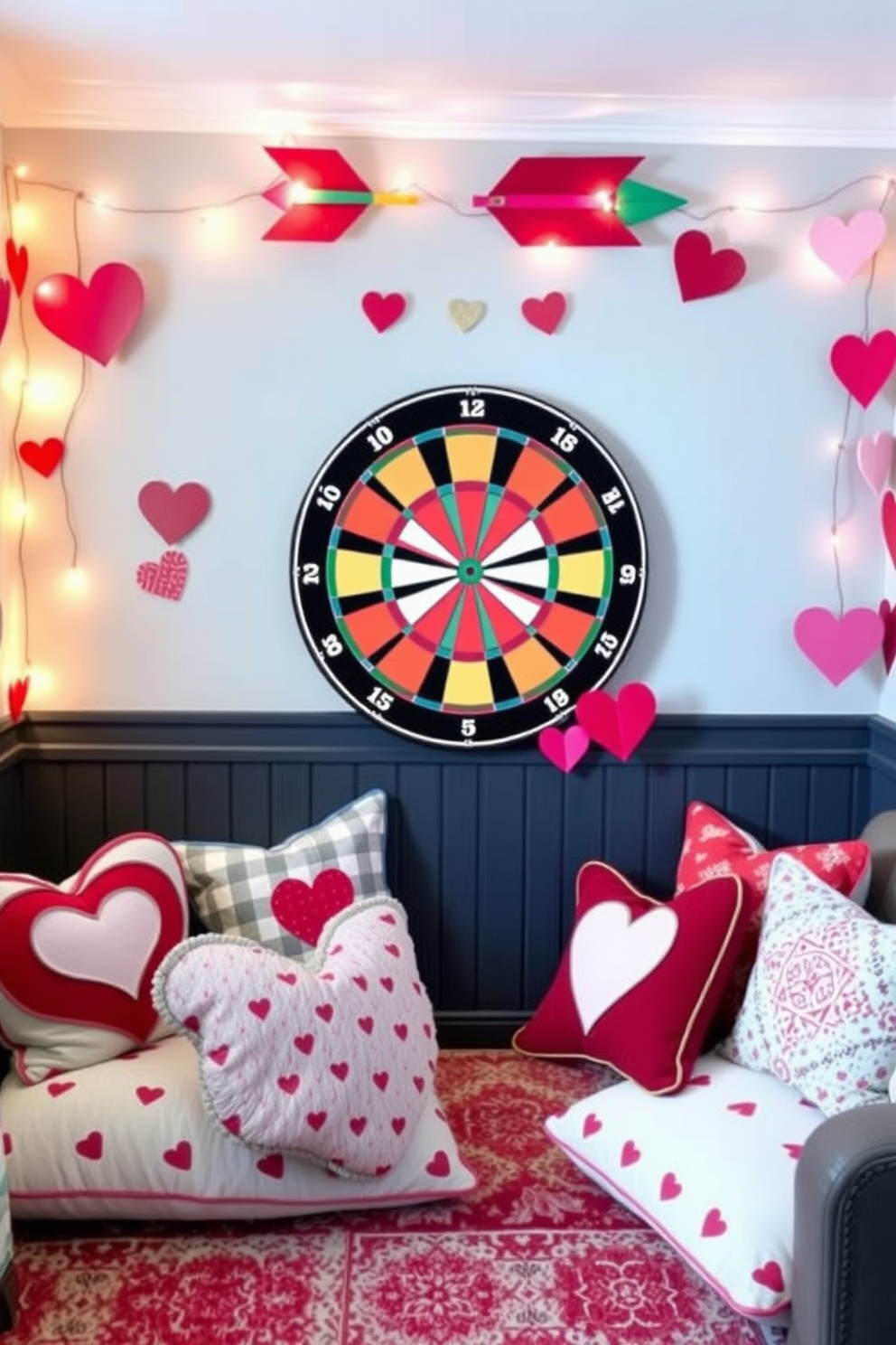 A cozy game room adorned for Valentine's Day features a plush sectional sofa with heart-shaped throw pillows in vibrant red and soft pink. The walls are decorated with playful art and string lights, creating a warm and inviting atmosphere for friends and family to gather and enjoy games together.