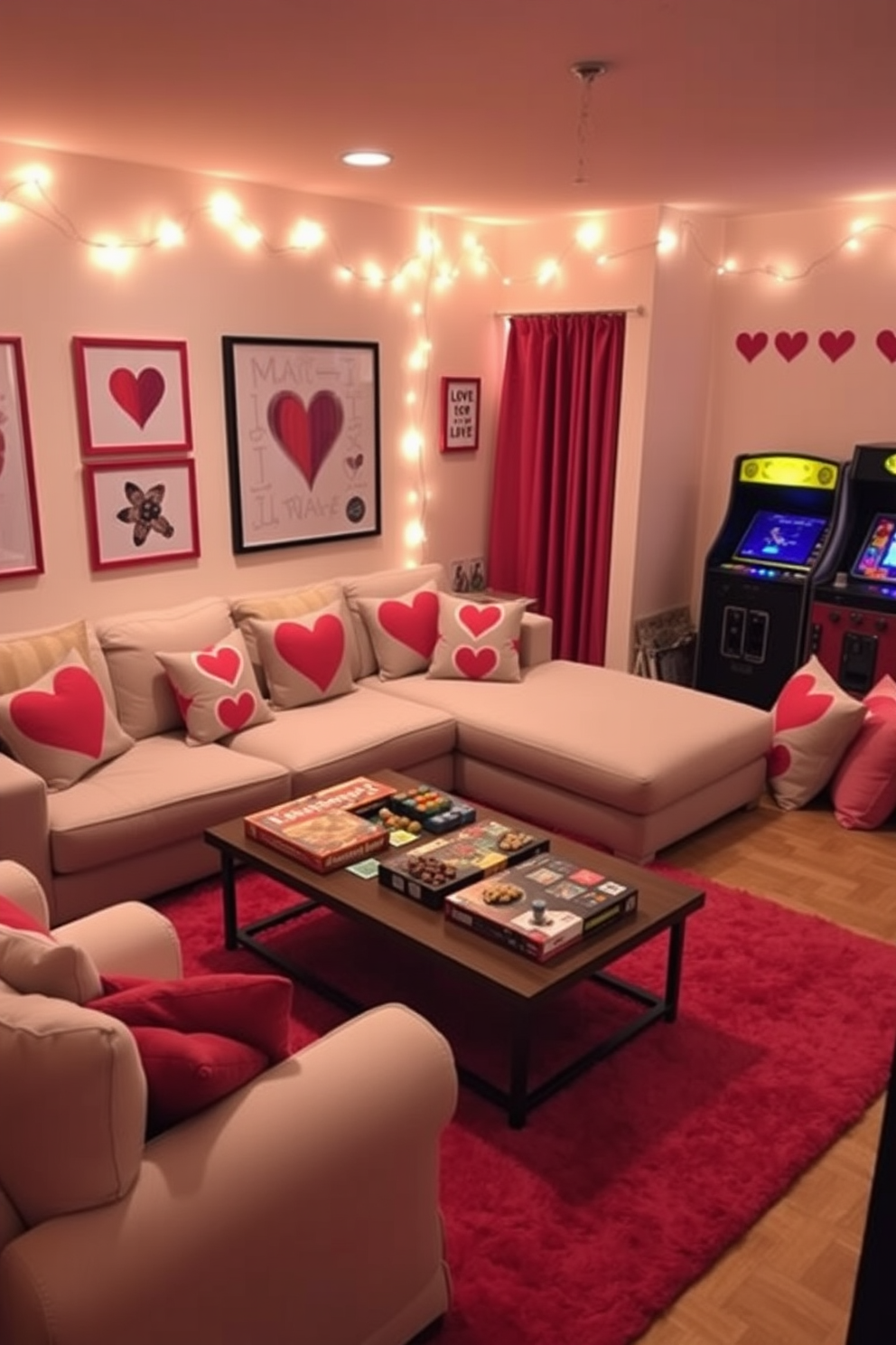 A cozy game room designed for a love-themed game night. The space features a large sectional sofa adorned with heart-patterned throw pillows, and a coffee table stacked with board games and snacks. The walls are decorated with romantic artwork and fairy lights, creating a warm ambiance. A plush area rug in soft red tones anchors the seating area, while a dedicated gaming corner showcases a vintage arcade machine and a selection of classic video games.