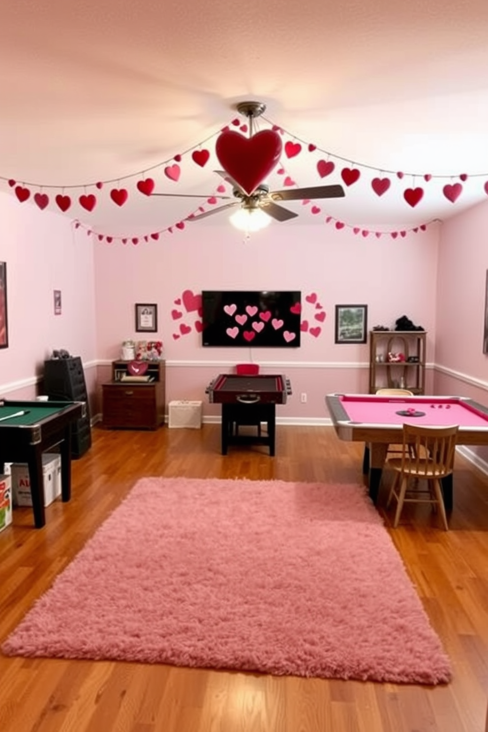 A cozy game room adorned with a DIY heart garland hanging from the ceiling. The walls are painted in a soft pastel color, and the floor is covered with a plush area rug, creating an inviting atmosphere for Valentine's Day celebrations.