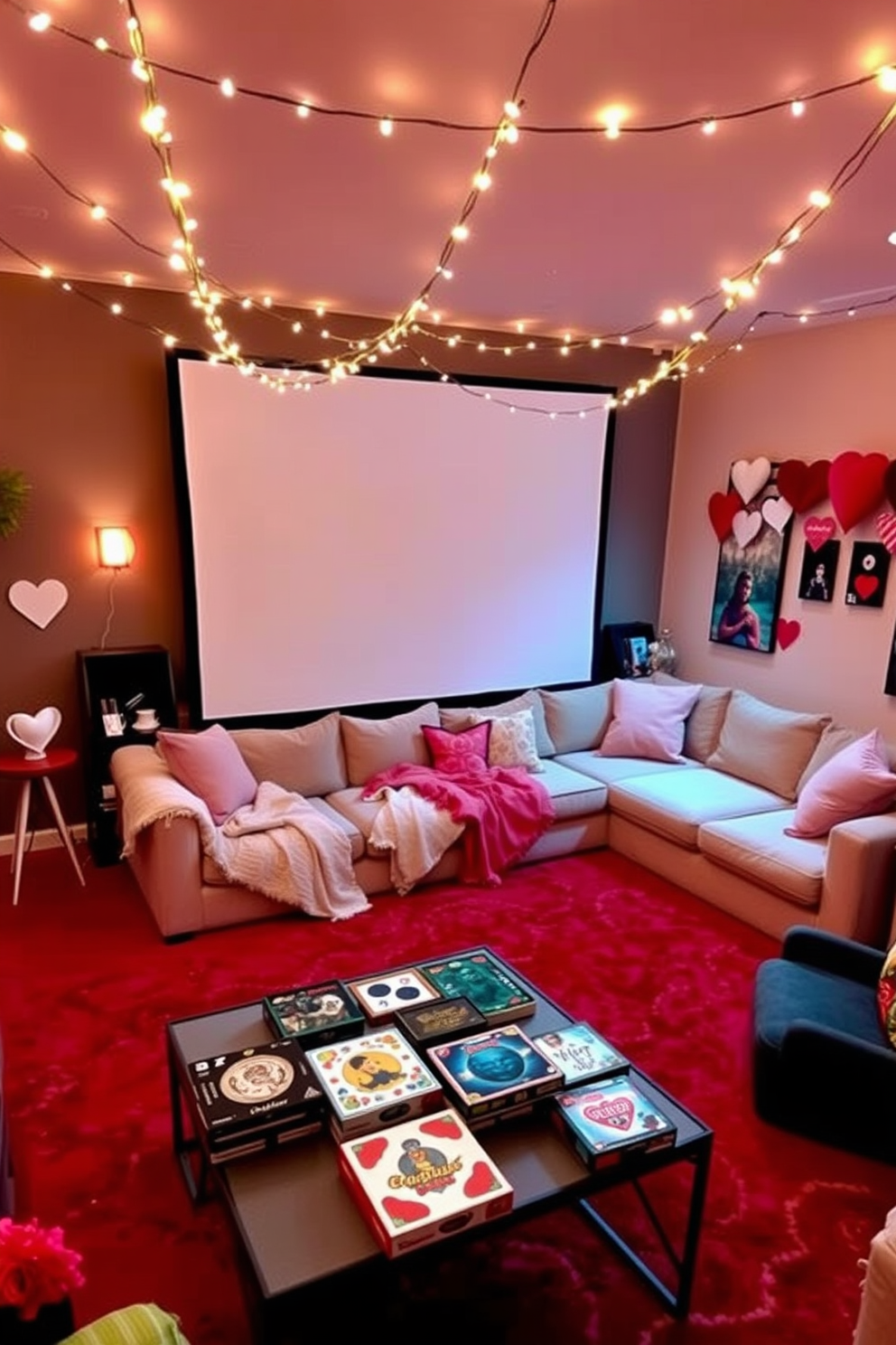 A cozy romantic movie night setup features a plush sectional sofa adorned with soft blankets and throw pillows in pastel colors. Dim fairy lights are strung across the ceiling, creating an intimate atmosphere, while a large screen is set up for the perfect movie experience. The game room is transformed for Valentine's Day with heart-shaped decorations and playful accents. A vibrant red rug anchors the space, and a selection of board games is displayed on a stylish coffee table, inviting fun and laughter.