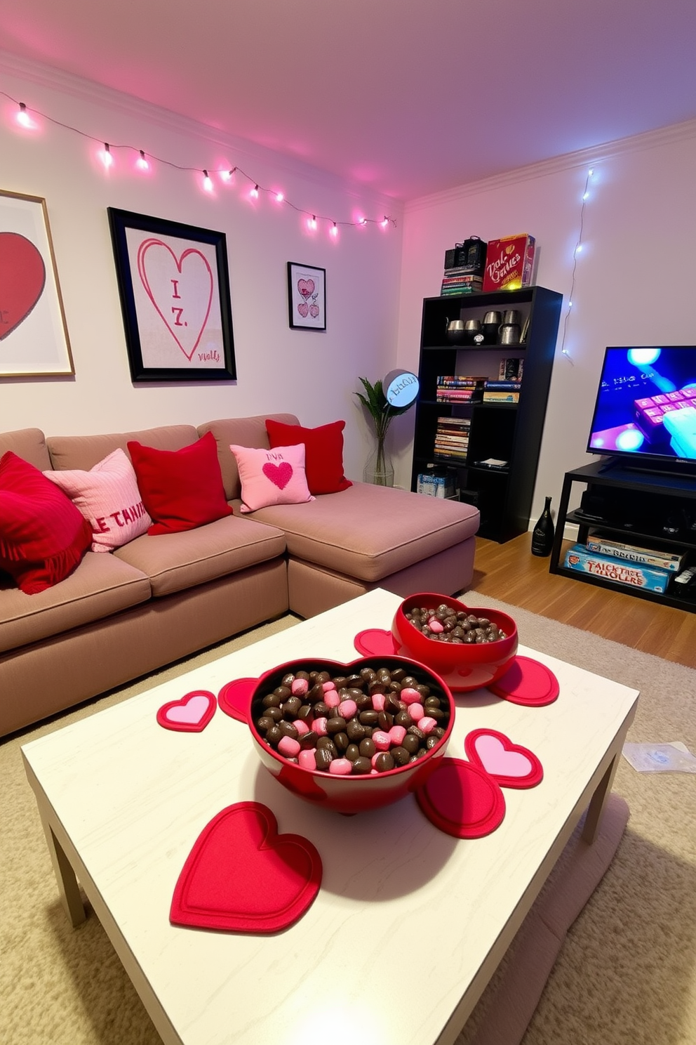 A cozy game room setup for Valentine's Day. The space features a large sectional sofa adorned with plush red and pink throw pillows, surrounded by a coffee table decorated with heart-shaped coasters and a bowl of assorted chocolates. The walls are adorned with festive Valentine-themed artwork, and string lights in soft hues create a warm ambiance. A game console sits on a stylish media unit, with board games stacked neatly on a nearby shelf, inviting guests to enjoy a fun trivia game night.