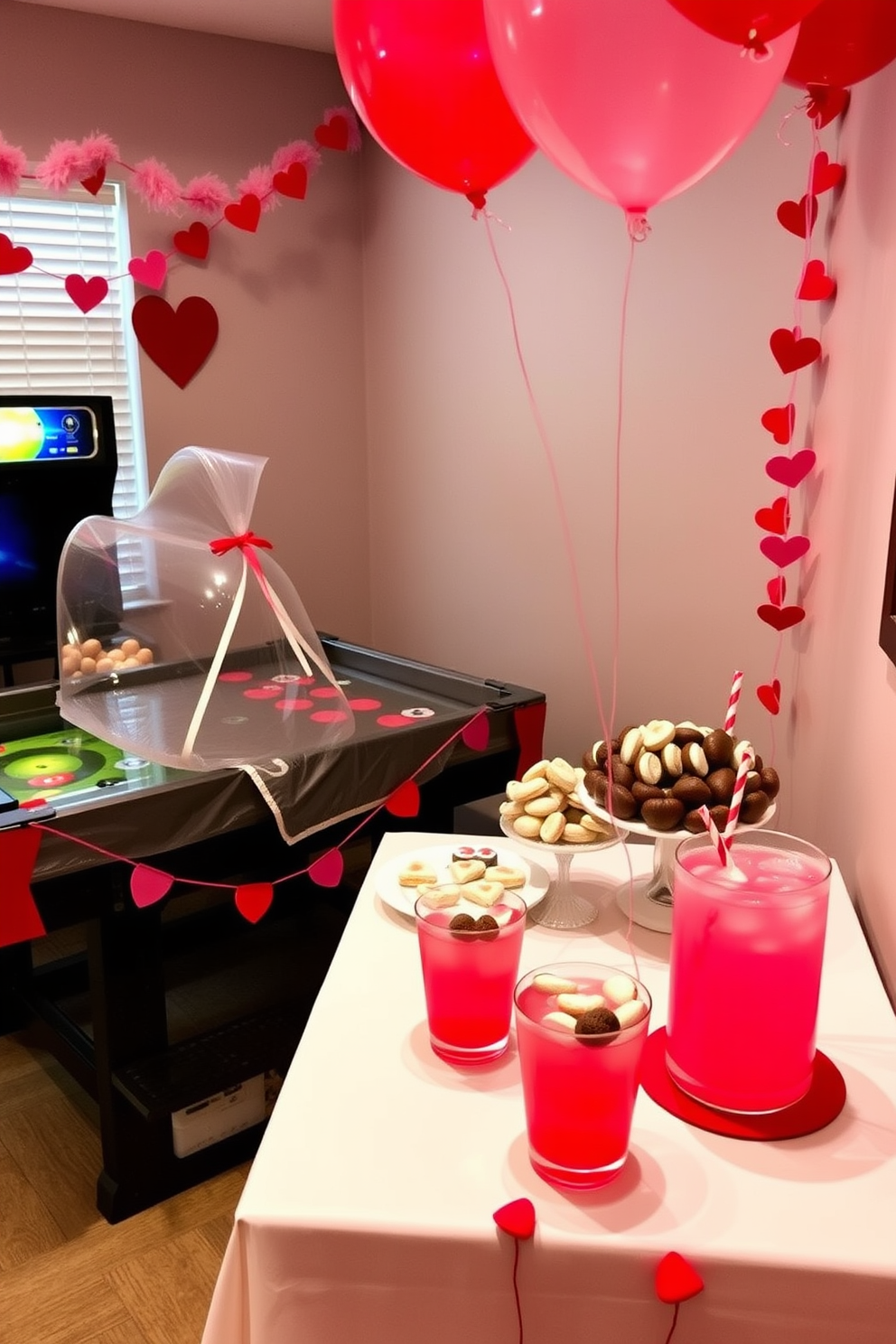 A charming sweetheart snack station is set up in the corner of a cozy game room. It features a beautifully arranged table with an assortment of treats including heart-shaped cookies, chocolate-covered strawberries, and pink lemonade in decorative cups. The table is adorned with festive decorations such as red and pink balloons and a garland of hearts. Soft lighting creates a warm ambiance, inviting guests to indulge in the delicious snacks while enjoying games and laughter.