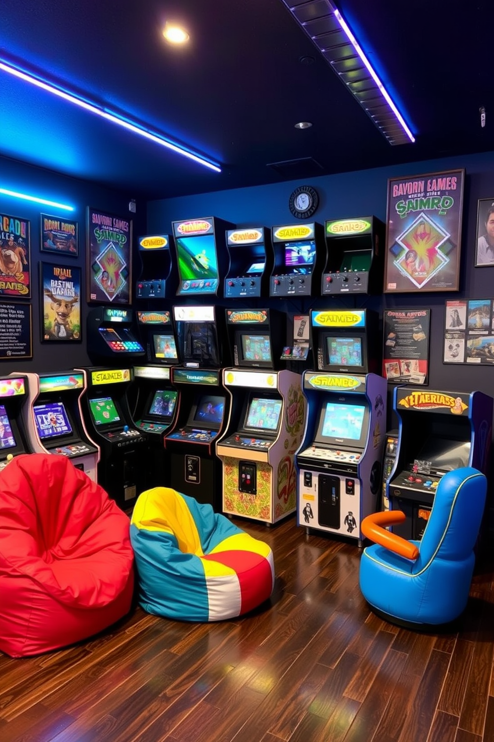 A vibrant retro arcade game setup featuring classic gaming machines in bright colors. The walls are adorned with vintage arcade posters, and neon lights illuminate the space, creating an energetic atmosphere. A comfortable seating area with plush bean bags and a sleek coffee table invites friends to gather and play. The floor is covered with a stylish area rug that complements the retro theme, adding warmth to the man cave.