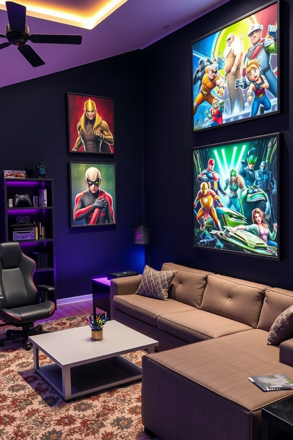 A stylish man cave designed for gaming enthusiasts. The walls are adorned with vibrant wall art featuring framed game character prints that showcase a variety of popular video games. Comfortable seating options include a large sectional sofa and gaming chairs positioned around a sleek coffee table. Ambient lighting creates a cozy atmosphere, while shelves display collectibles and gaming gear, enhancing the overall theme.