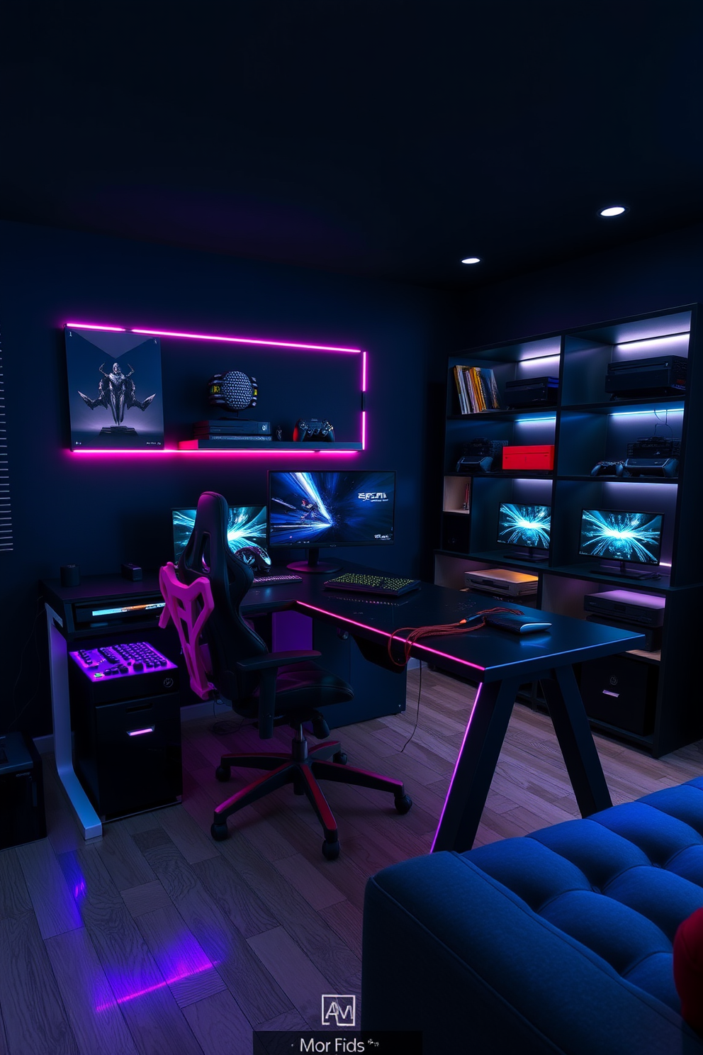 A cozy gaming man cave featuring vibrant bean bag chairs arranged in a semi-circle around a large flat-screen TV. The walls are adorned with gaming posters, and ambient LED lights create a relaxed atmosphere for late-night gaming sessions.