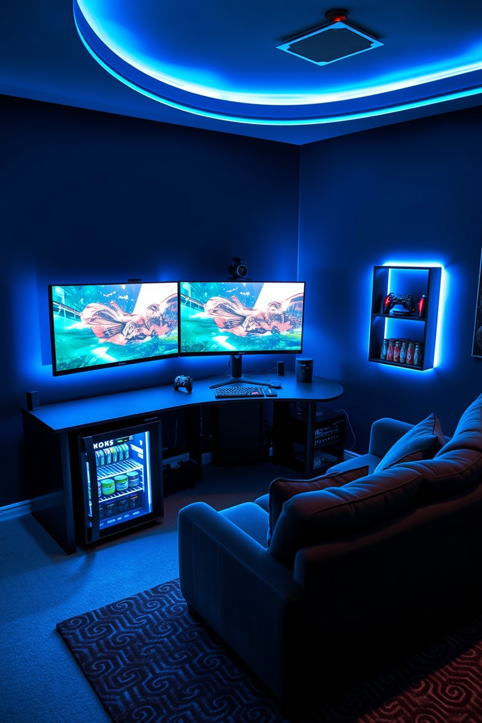 A multi-screen setup for immersive gaming features a sleek black desk that holds three large monitors arranged in a curved layout. The walls are painted in a deep navy blue, and LED strip lights create a dynamic ambiance around the screens. In the gaming man cave design, a plush sectional sofa is positioned for comfort, facing the screens. A custom-built shelving unit displays gaming collectibles and a mini-fridge stocked with snacks and beverages is conveniently placed nearby.