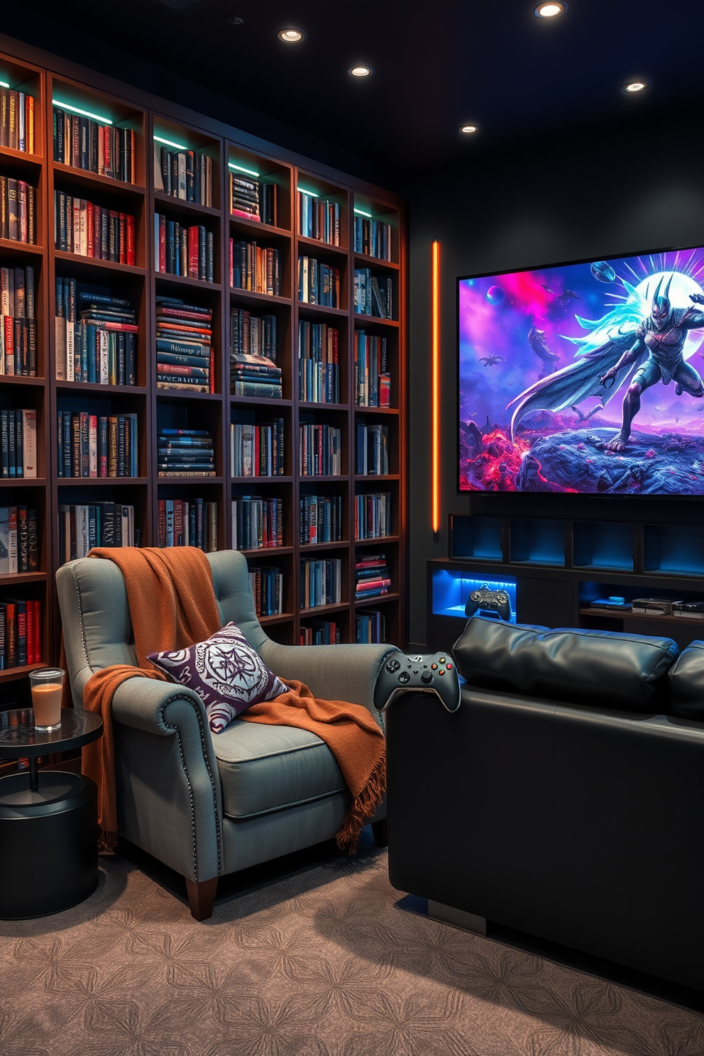 A dedicated streaming corner features a sleek black gaming desk with dual monitors displaying vibrant game graphics. Behind the desk, a custom wall-mounted shelving unit showcases collectibles and gaming gear, illuminated by LED strip lights. The walls are painted in a deep navy blue, creating an immersive atmosphere, while a plush gaming chair with ergonomic support sits in front of the desk. A cozy area rug in geometric patterns adds warmth to the space, and soundproof panels are strategically placed for optimal acoustics.