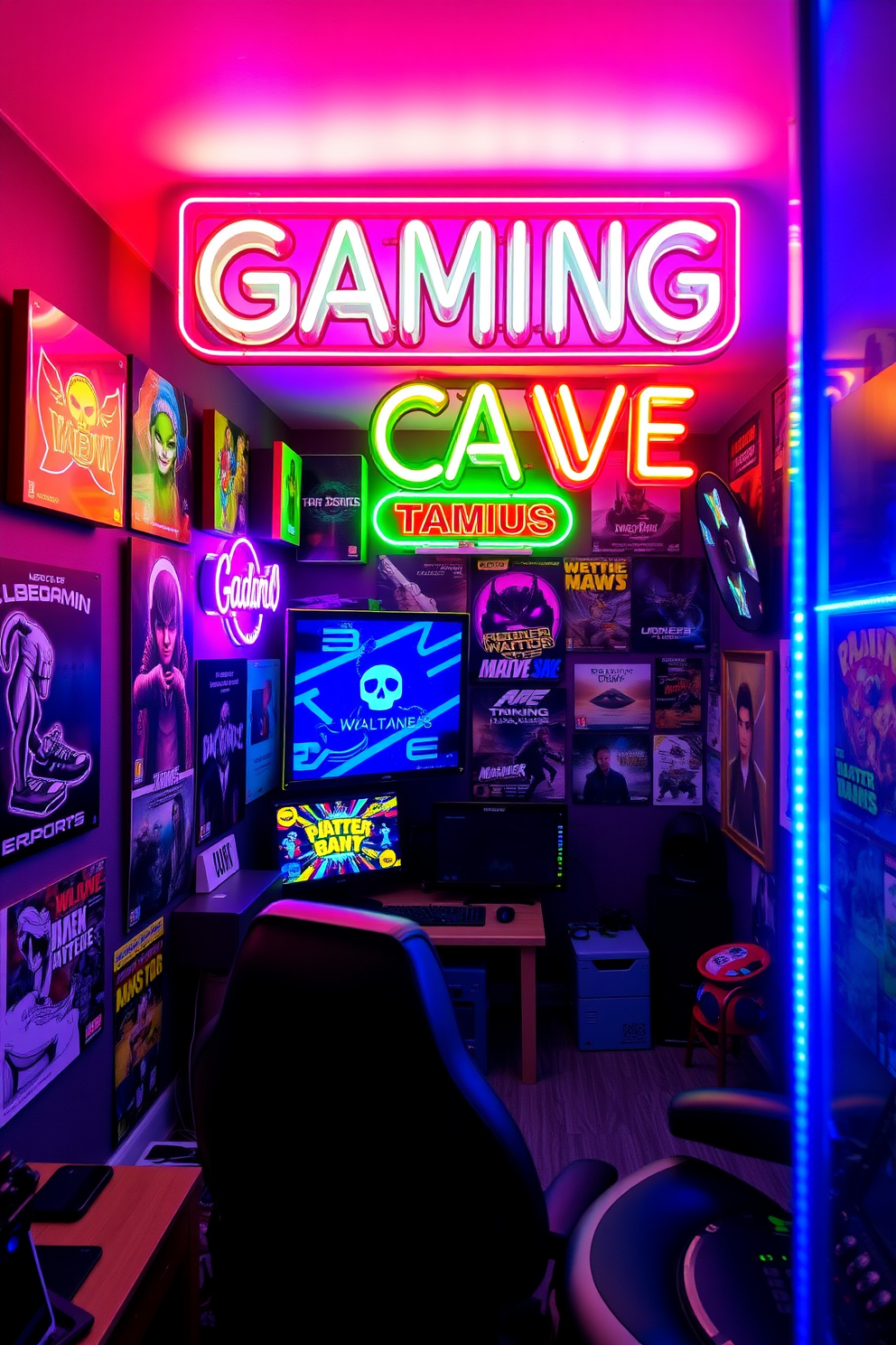 A modern gaming man cave featuring a built-in sound system for surround sound. The room is equipped with comfortable seating, ambient lighting, and a large screen for an immersive gaming experience.