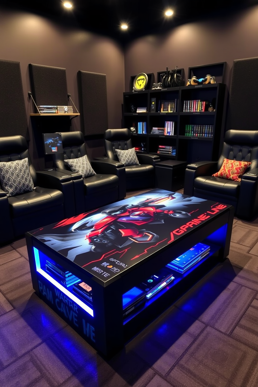 A game-themed coffee table featuring a sleek design with built-in storage compartments for games and accessories. The table is adorned with gaming-inspired art and has LED lighting that changes colors, creating an immersive atmosphere in the man cave. The surrounding area is styled with comfortable gaming chairs and wall-mounted shelves filled with collectibles and games. Dark, rich colors dominate the space, with soundproofing panels on the walls for an optimal gaming experience.