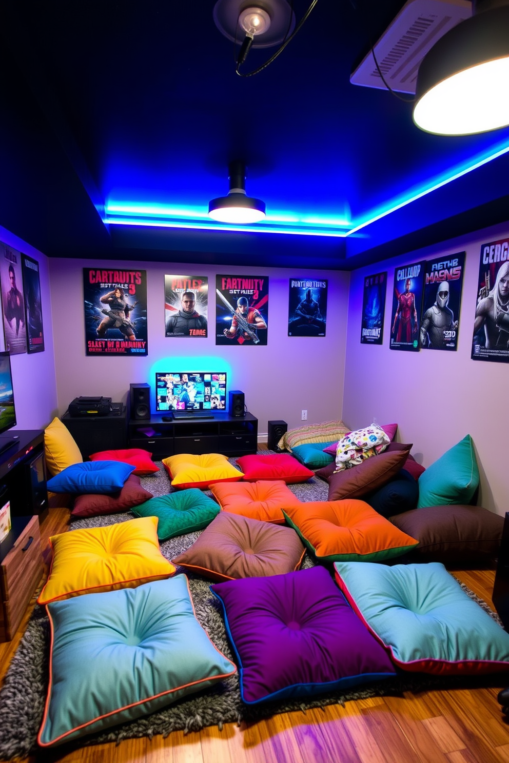 A cozy gaming man cave featuring an array of colorful floor cushions scattered across a plush area rug. The walls are adorned with gaming posters and ambient LED lighting creates a relaxed atmosphere for casual gaming sessions.