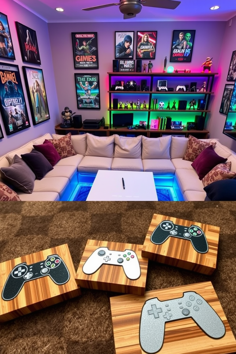 A cozy gaming man cave featuring a large sectional sofa with plush cushions and a sleek coffee table in the center. The walls are adorned with framed posters of popular video games, and ambient LED lighting casts a colorful glow throughout the space. DIY gaming-themed coasters made from reclaimed wood, each featuring a different game controller design. The decor includes shelves lined with collectible figurines and a dedicated area for displaying gaming consoles and accessories.