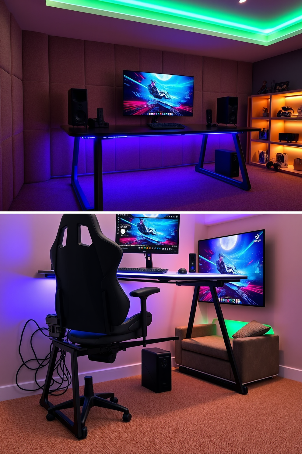 A portable gaming station featuring a sleek foldable desk with built-in LED lighting. The setup includes a comfortable gaming chair, a high-resolution monitor, and organized cable management for a clean look. A gaming man cave designed with soundproof walls and ambient lighting. The space includes a large screen for immersive gaming, plush seating arrangements, and shelves displaying collectibles and gaming gear.