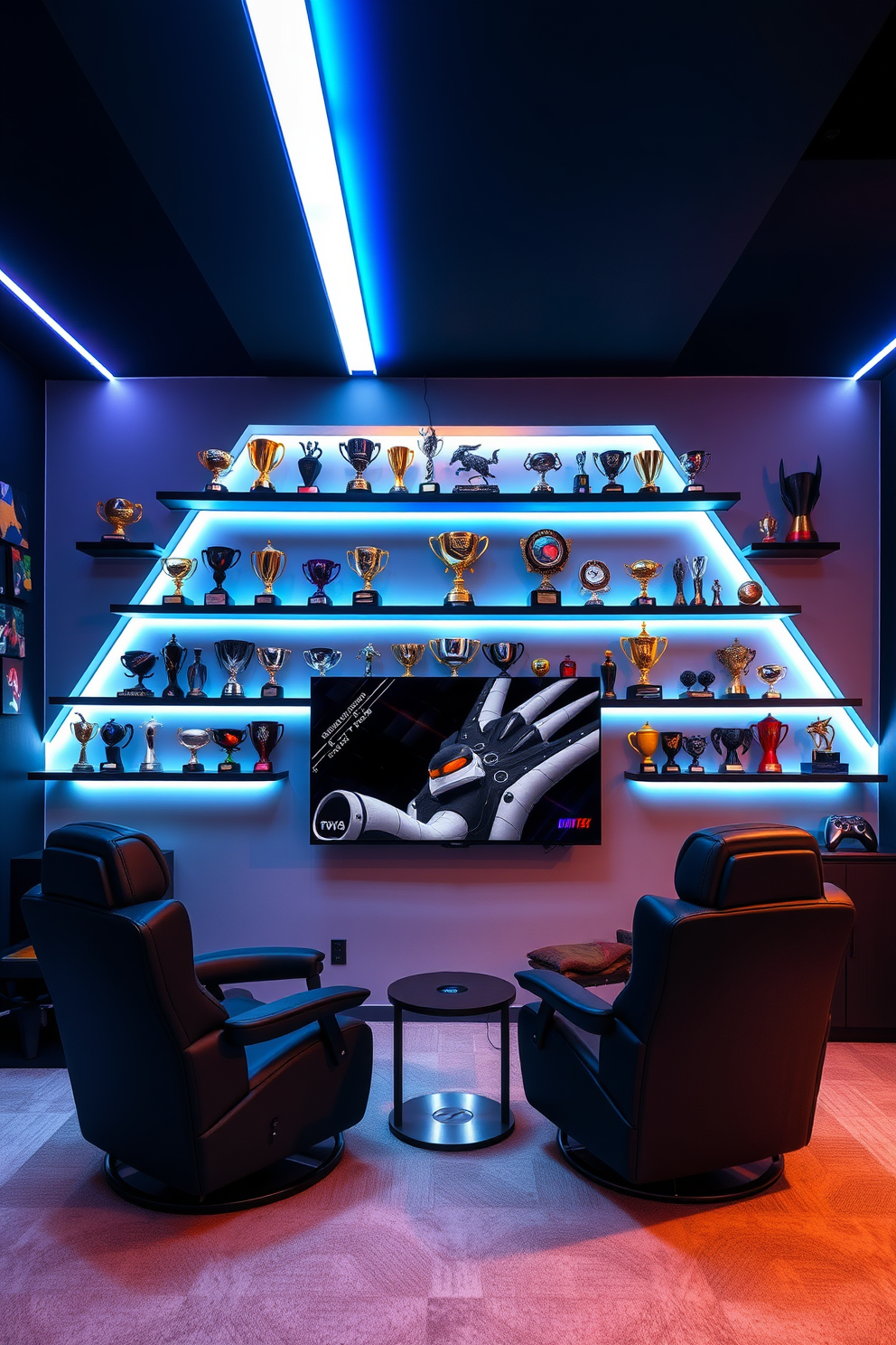 A stylish gaming man cave featuring a wall of shelves showcasing an impressive collection of gaming trophies. The room is adorned with ambient LED lighting and comfortable seating, creating an inviting atmosphere for both gaming and relaxation.