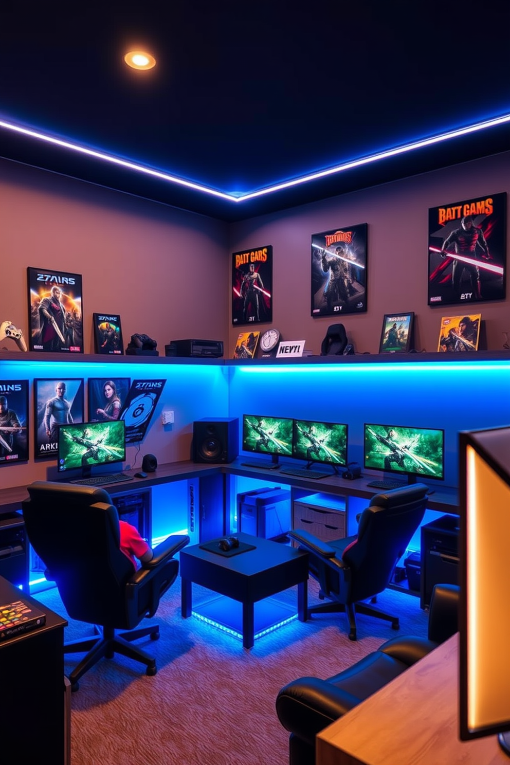 A stylish gaming man cave featuring LED strip lighting under shelves that creates a vibrant atmosphere. The walls are adorned with gaming posters, and comfortable seating is arranged for an immersive experience.