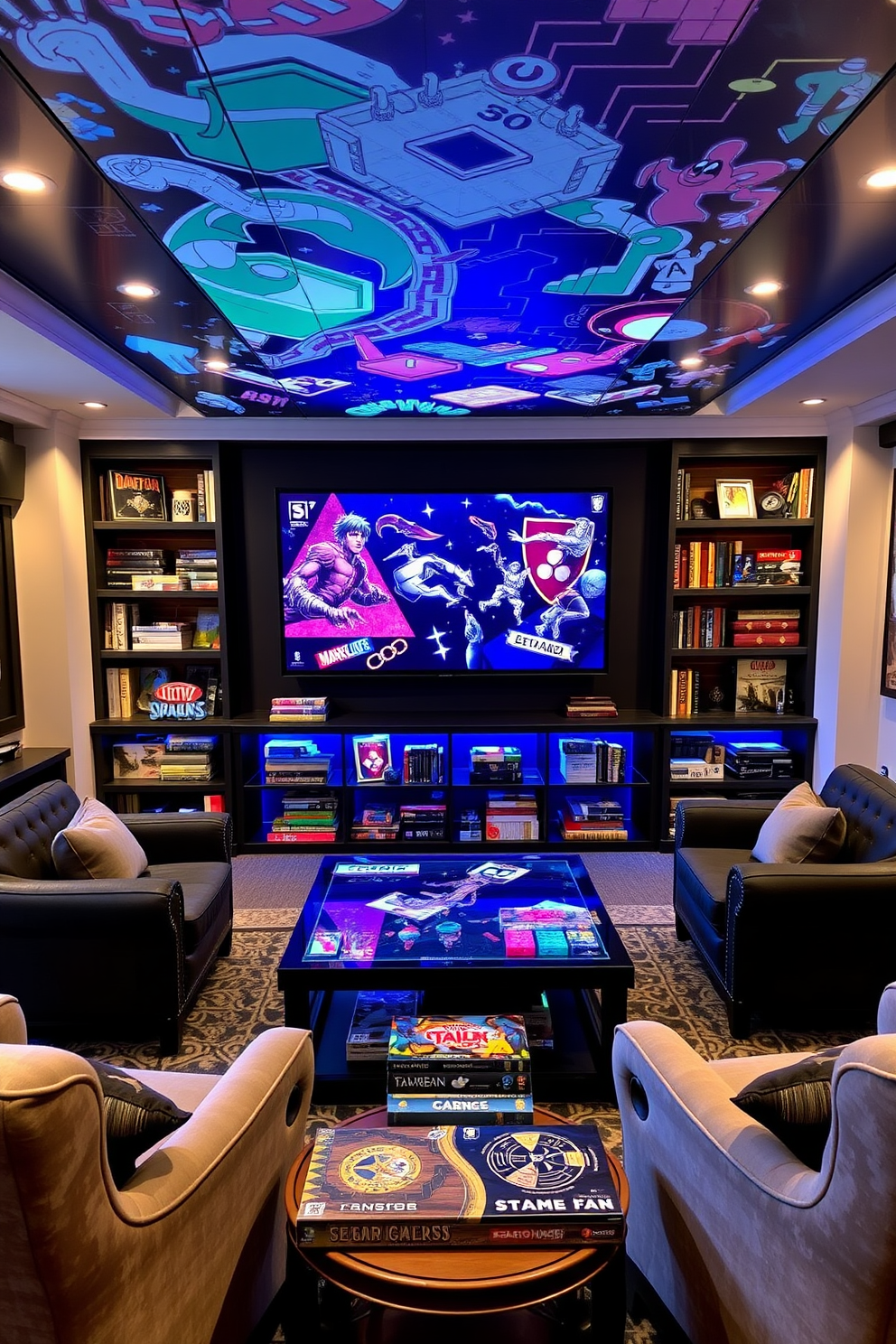 A stylish gaming man cave featuring an interactive wall designed for board games. The room includes comfortable seating with plush chairs and a large coffee table surrounded by shelves filled with various board games and gaming accessories.