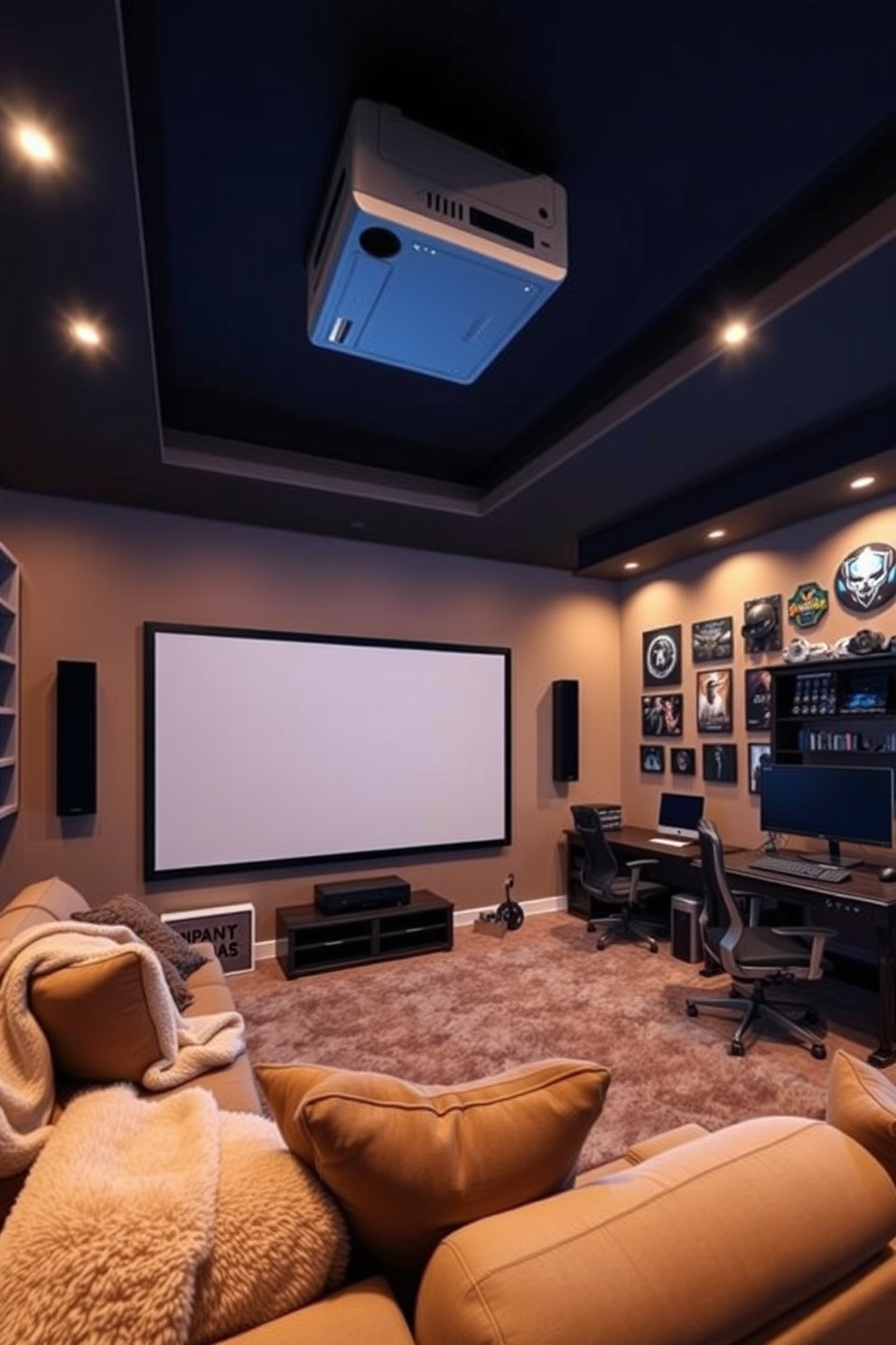 A cozy projector setup for movie nights with a large screen mounted on the wall. The room features plush seating with soft throw blankets and ambient lighting to create a cinematic atmosphere. A stylish gaming man cave designed for ultimate comfort and immersion. The space includes a large gaming desk, ergonomic chair, and wall-mounted displays showcasing gaming memorabilia.