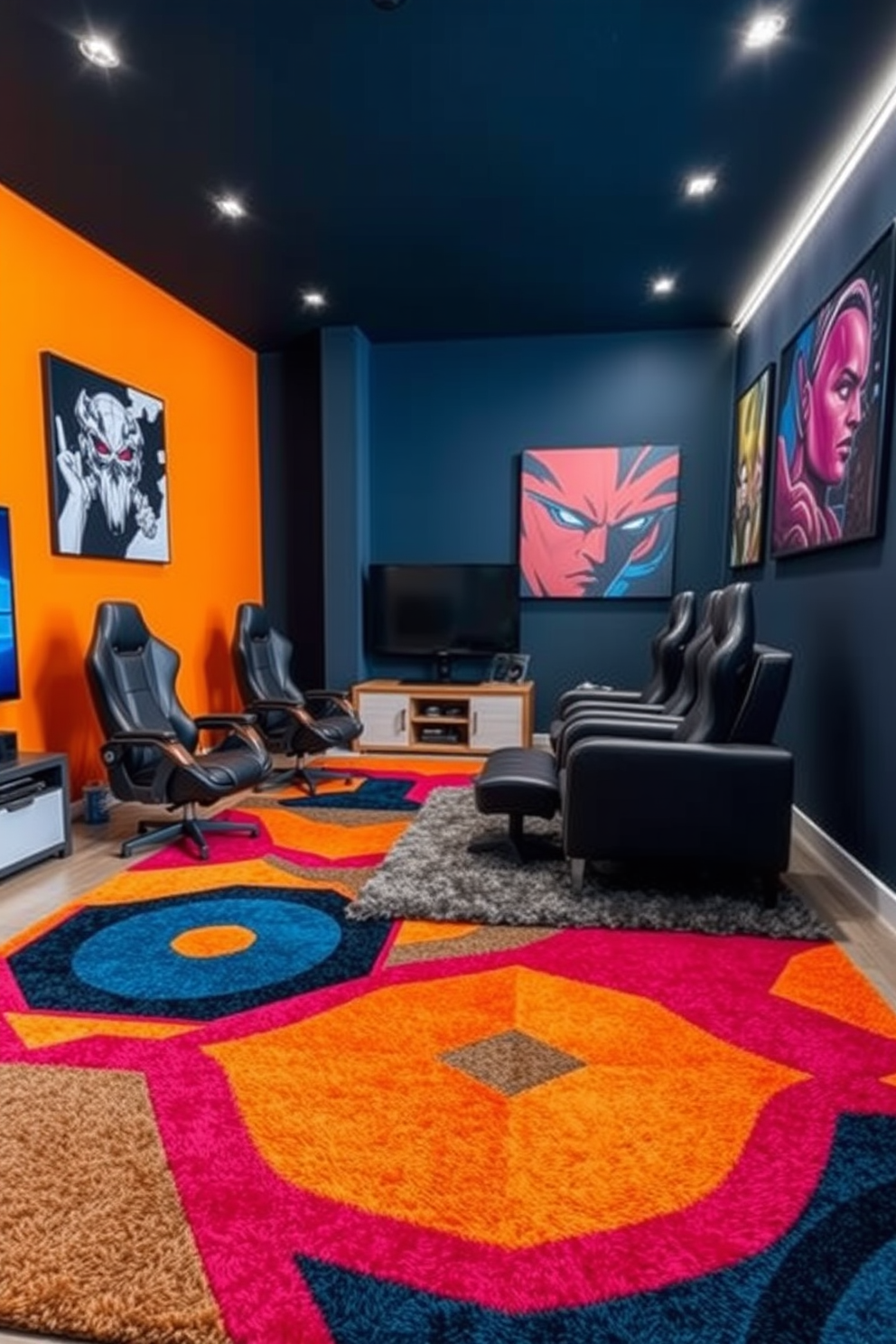 A cozy gaming man cave featuring a wall-mounted TV positioned at the perfect viewing angle. The space is adorned with comfortable seating, ambient lighting, and soundproof walls for an immersive gaming experience.