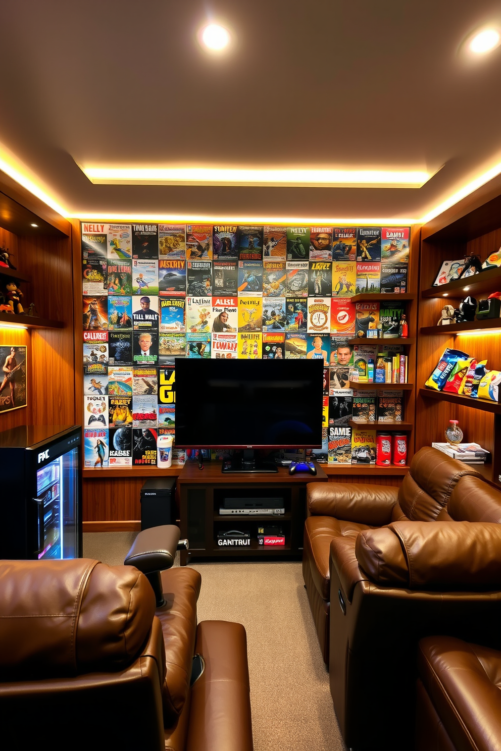 A vintage gaming magazine wall collage featuring a variety of classic game covers and retro advertisements. The collage is framed with wooden panels and illuminated by soft LED strip lights to create an inviting atmosphere. The man cave is designed with leather recliners and a large flat-screen TV mounted on the wall. Dark wood shelves display collectible figurines and gaming memorabilia, while a mini-fridge stocked with snacks and drinks adds convenience.