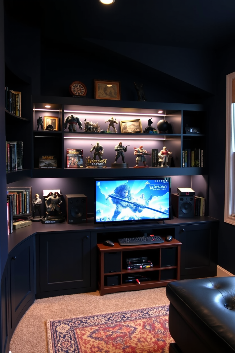 A cozy gaming man cave features custom built-in shelves designed to showcase an impressive collection of collectibles. The walls are painted in a deep navy blue, and soft ambient lighting highlights the shelves, creating a welcoming atmosphere.