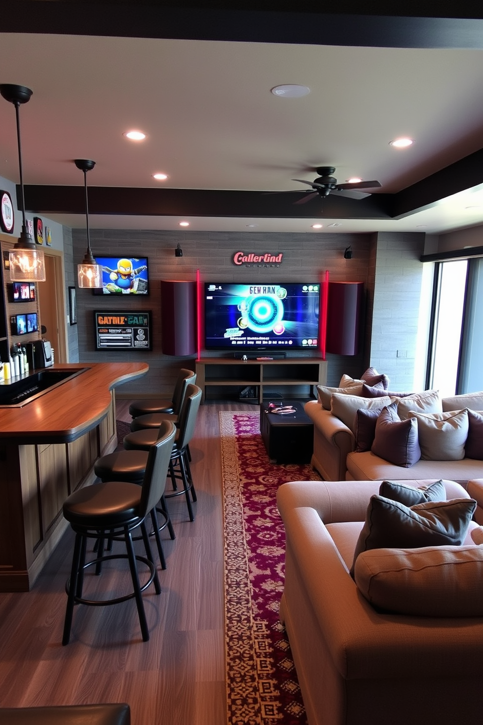 A dynamic gaming man cave featuring an interactive wall dedicated to gaming trivia and art. The space is equipped with comfortable seating, ambient lighting, and shelves displaying collectible games and memorabilia.