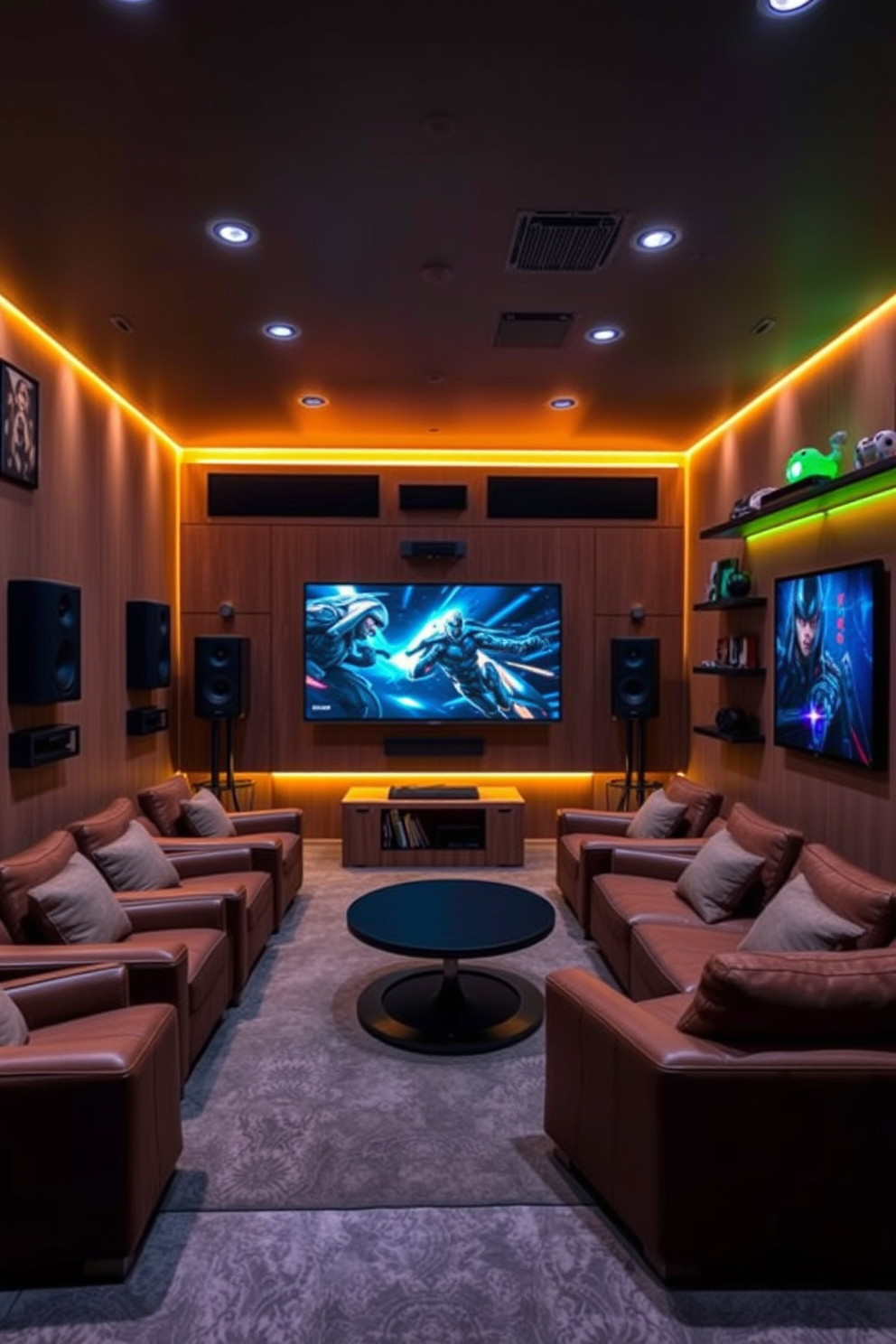 Custom mural featuring favorite game scenes. The walls are adorned with vibrant artwork depicting iconic moments from popular video games, creating an immersive atmosphere. The room includes a comfortable sectional sofa in dark leather, perfect for long gaming sessions. Ambient LED lighting enhances the mood, while a large flat-screen TV is mounted on the opposite wall for an ultimate gaming experience.