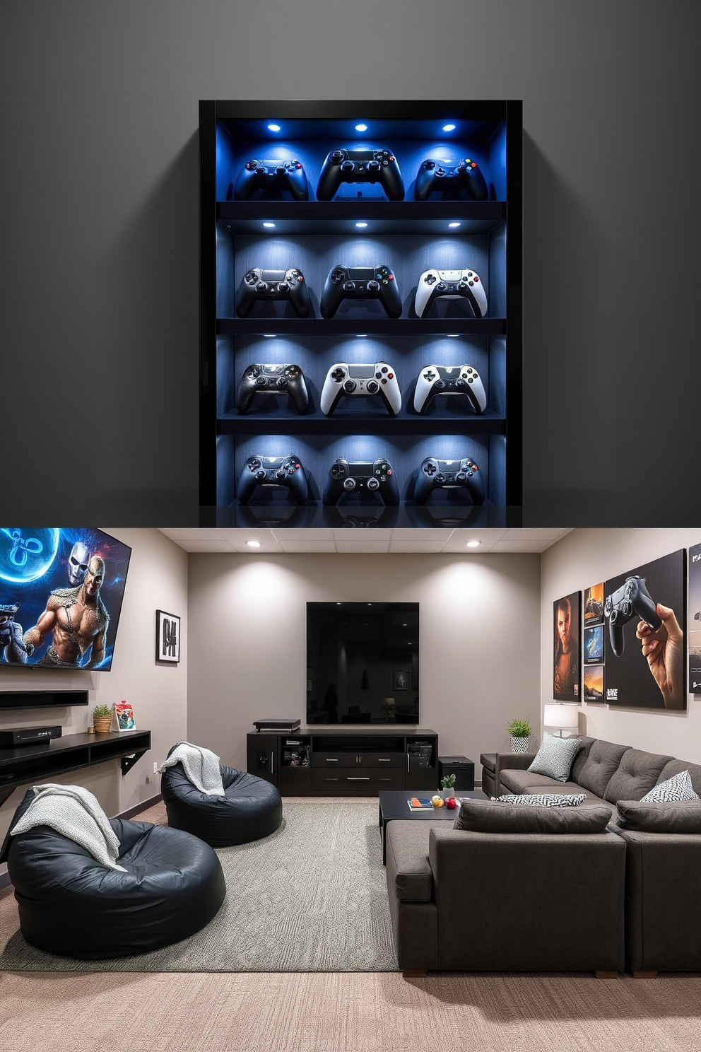 A personalized gaming controller display case is designed with a sleek black finish and LED lighting to highlight the controllers. The case features multiple shelves, each designed to hold a different controller, while a glass door protects the collection from dust. The gaming man cave is styled with comfortable seating, including a large sectional sofa and bean bags for a relaxed atmosphere. The walls are adorned with gaming posters, and a large flat-screen TV is mounted for an immersive gaming experience.