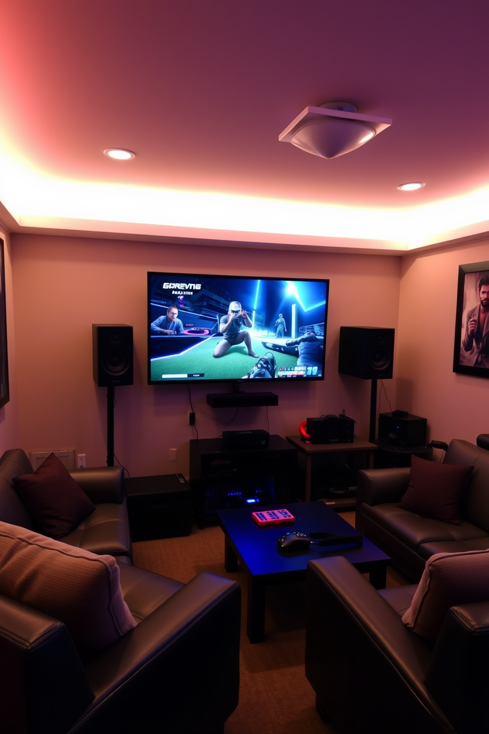 Create a cozy gaming man cave that features acoustic panels on the walls for sound quality improvement. The space includes a large sectional sofa, a coffee table with gaming accessories, and ambient lighting to enhance the atmosphere. Incorporate a sleek gaming desk with multiple monitors and ergonomic seating. The walls are adorned with posters of favorite games, and the flooring is a plush carpet to add comfort.