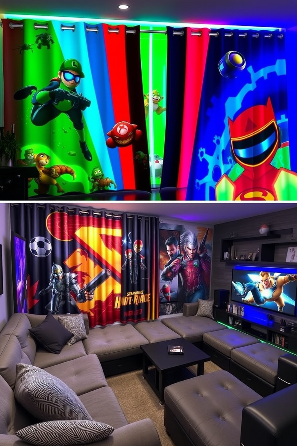 Gaming-themed curtains that feature vibrant colors and iconic video game graphics. The curtains are made of a durable fabric that blocks out light, creating the perfect atmosphere for gaming sessions. The gaming man cave design includes a comfortable sectional sofa with built-in cup holders and LED lighting. A large wall-mounted screen displays the latest games, while shelves showcase collectibles and gaming memorabilia.