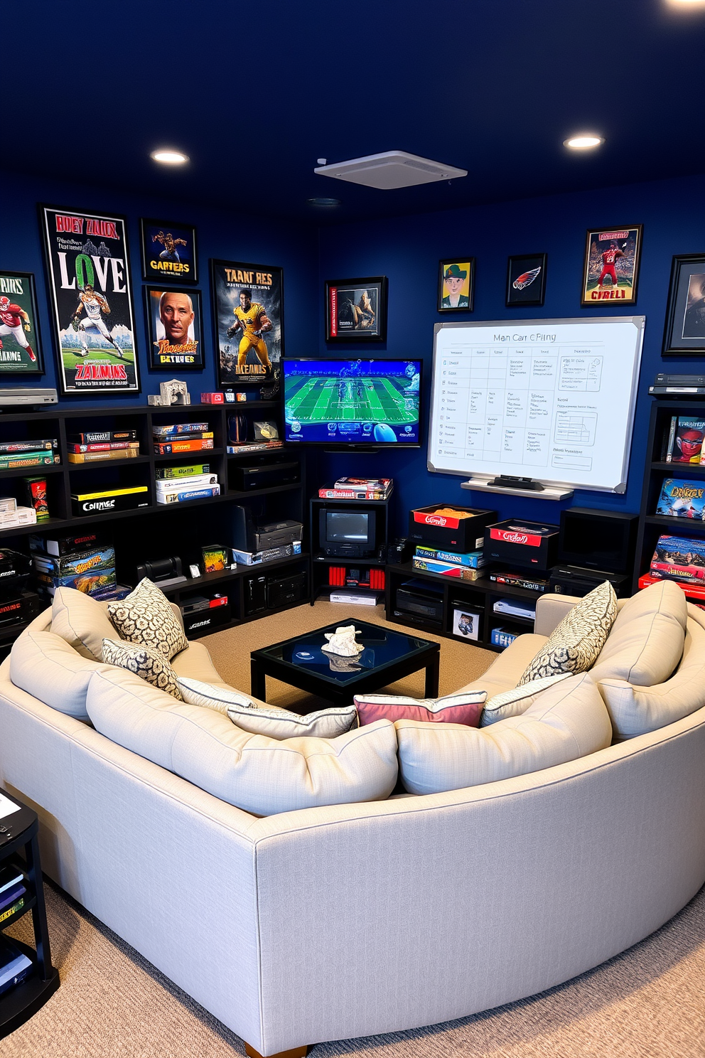 A spacious gaming man cave featuring an interactive whiteboard for game planning. The walls are painted in a deep blue hue, adorned with framed posters of classic video games and sports memorabilia. In the center, a large sectional sofa with plush cushions offers ample seating for friends. Surrounding the area are shelves filled with gaming consoles, board games, and collectibles, creating an inviting atmosphere.