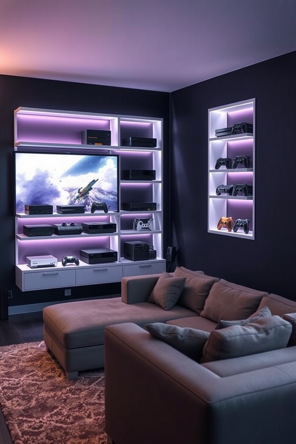 A modern gaming man cave featuring wall-mounted storage for gaming consoles. The space is designed with dark walls and ambient LED lighting, creating an immersive atmosphere for gaming. The storage unit is sleek and minimalistic, showcasing the consoles and accessories neatly. A comfortable sectional sofa is positioned in front of a large screen, inviting relaxation and extended gaming sessions.