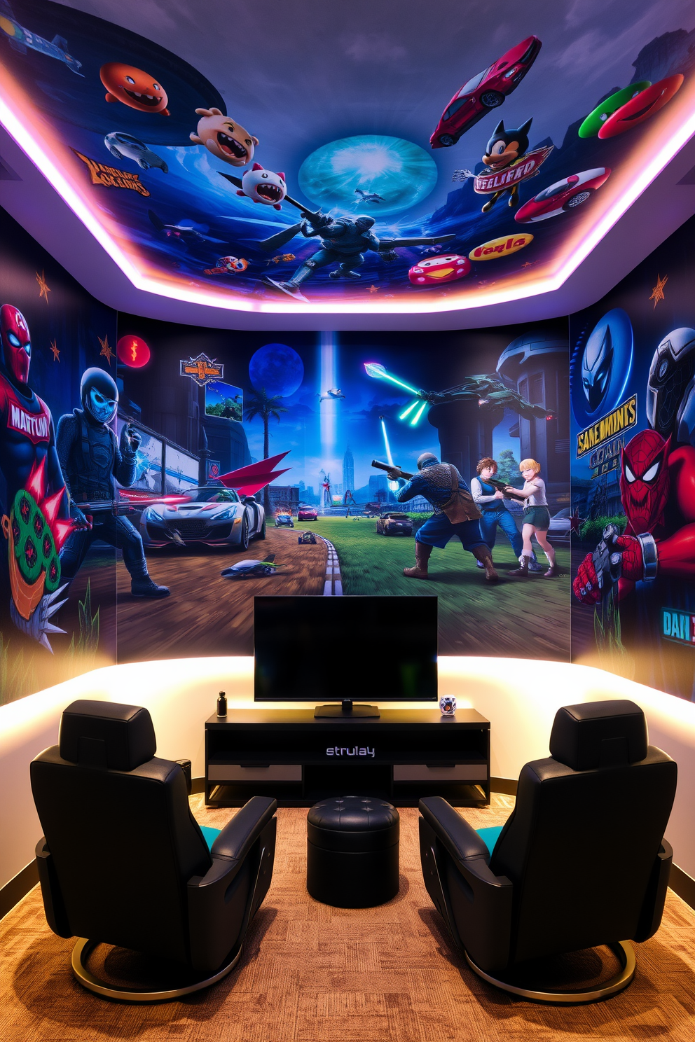 Custom mural of favorite game scenes. The walls are adorned with vibrant artwork depicting iconic moments from beloved video games. The room features comfortable gaming chairs and a large screen for immersive gameplay. Soft LED lighting enhances the atmosphere, creating a cozy and inviting space for gaming enthusiasts.