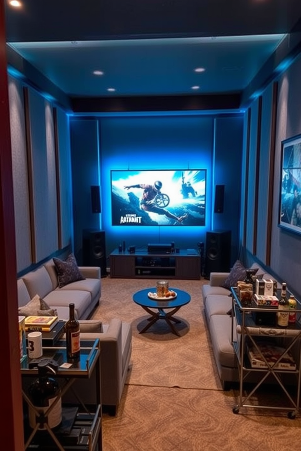 A dynamic multi-screen setup for competitive gaming featuring three large monitors arranged in a curved formation. The desk is made of sleek black wood and equipped with RGB lighting that enhances the immersive experience. The gaming man cave is designed with soundproof walls painted in a deep blue hue. Plush gaming chairs and a large sectional sofa provide comfortable seating, while neon lights and gaming memorabilia adorn the walls.