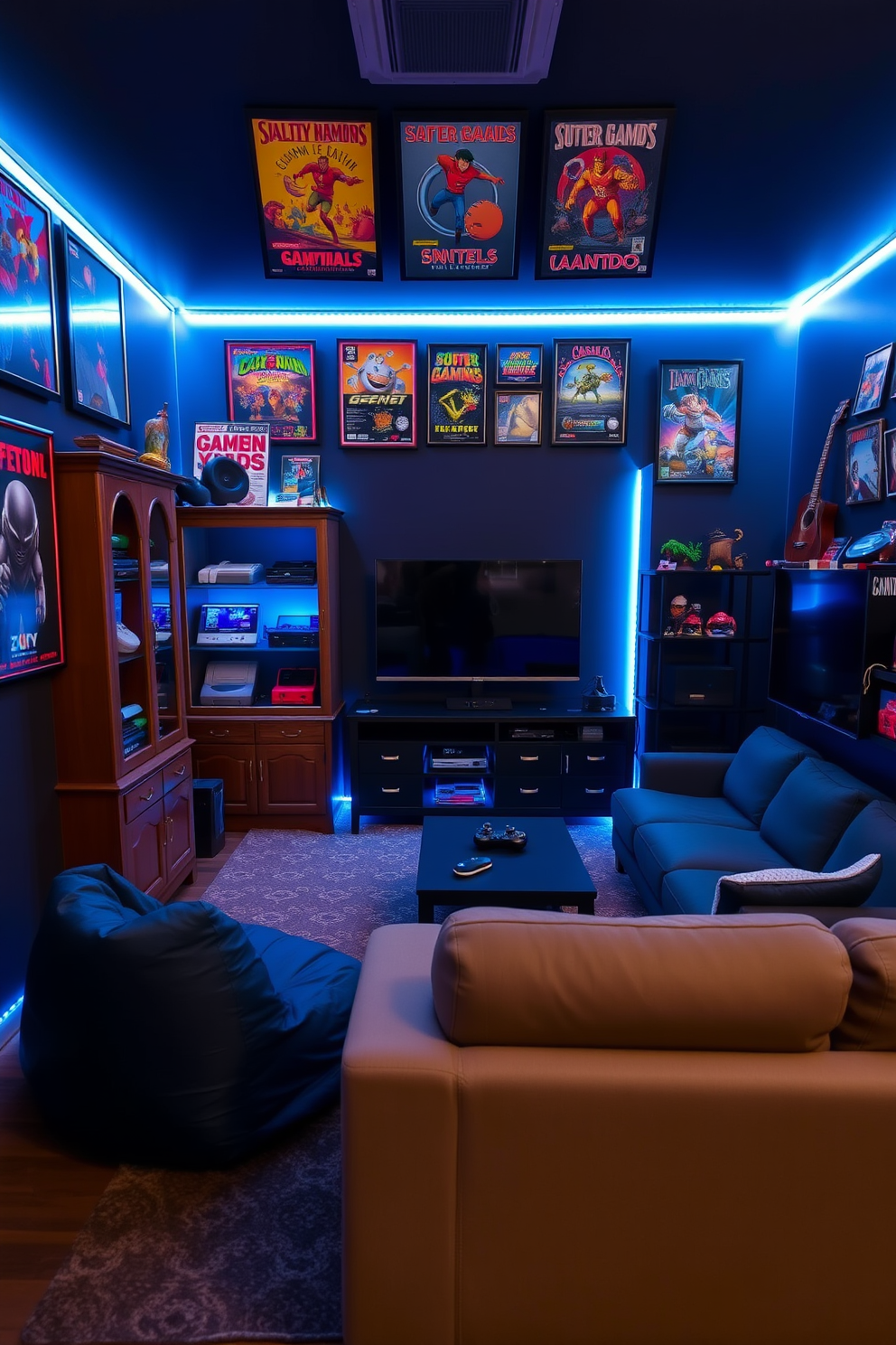 A cozy gaming man cave features a mini fridge stocked with a variety of snacks and drinks for easy access during gaming sessions. The room is adorned with comfortable seating, ambient lighting, and gaming-themed decor that creates an inviting atmosphere for friends to gather and play.