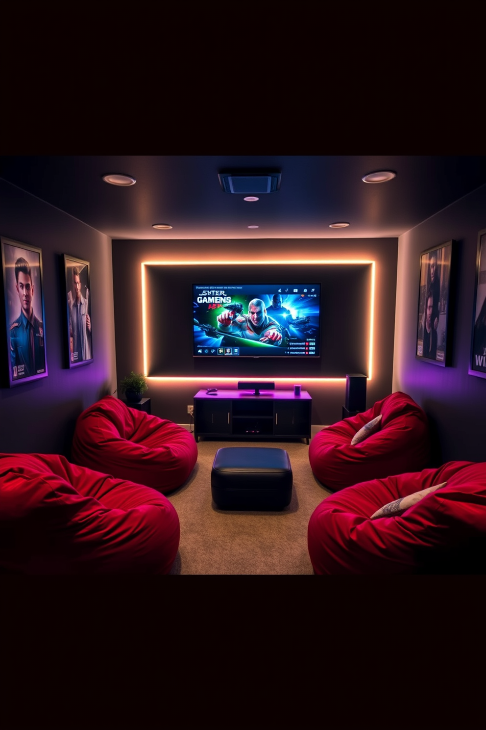 A custom gaming desk is positioned against the wall, featuring a sleek design with integrated LED lighting. An ergonomic chair with adjustable settings complements the desk, providing comfort for long gaming sessions. The walls are adorned with posters of popular video games, creating an immersive atmosphere. A plush rug covers the floor, and ambient lighting enhances the overall aesthetic of the gaming man cave.