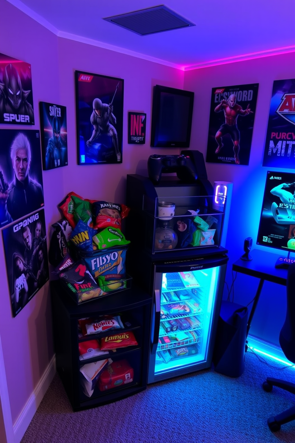 A cozy gaming man cave featuring a mini fridge stocked with an assortment of snacks. The walls are adorned with gaming posters and ambient LED lighting creates a relaxed atmosphere.