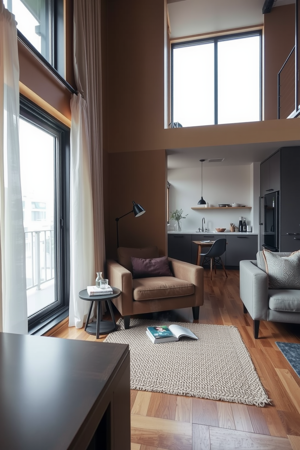 Cozy reading nook with large windows. A plush armchair is positioned next to a floor-to-ceiling window, allowing natural light to flood the space. Soft throw blankets and a stack of books adorn a nearby side table. The walls are painted in a warm beige tone, creating an inviting atmosphere. Garage apartment design ideas. The layout features an open floor plan with a compact kitchen and a living area that seamlessly connects to a cozy sleeping space. Industrial elements like exposed brick and metal fixtures add character, while large windows provide ample light and a sense of spaciousness.